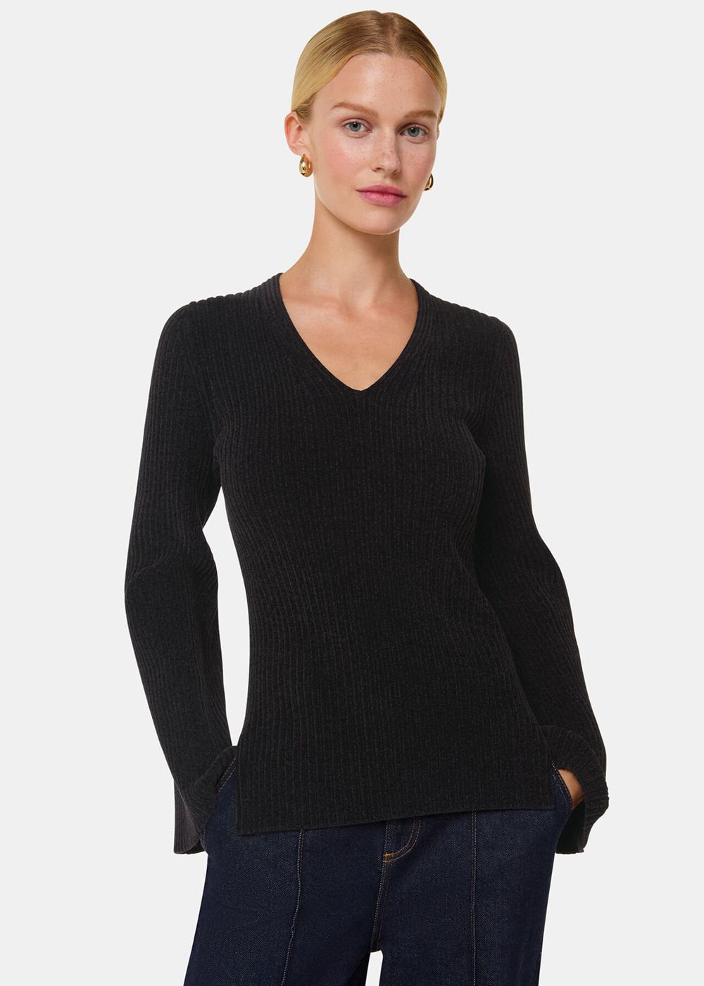 Whistles Chenille V Neck Knitwear Black | US-93764OBKD