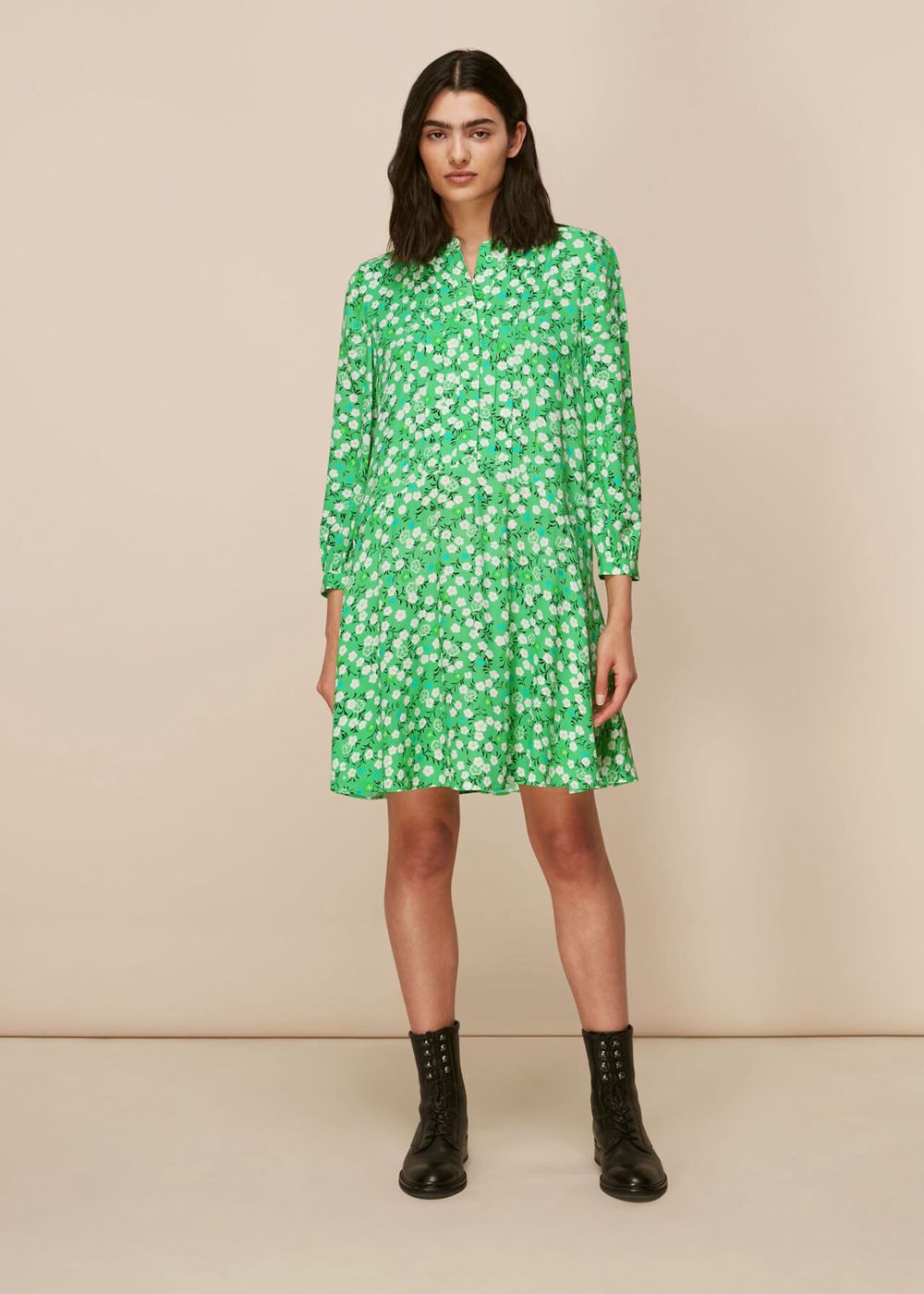 Whistles Cherry Blossom Pintuck Dress Green / Multicolor | US-21940ZMFP