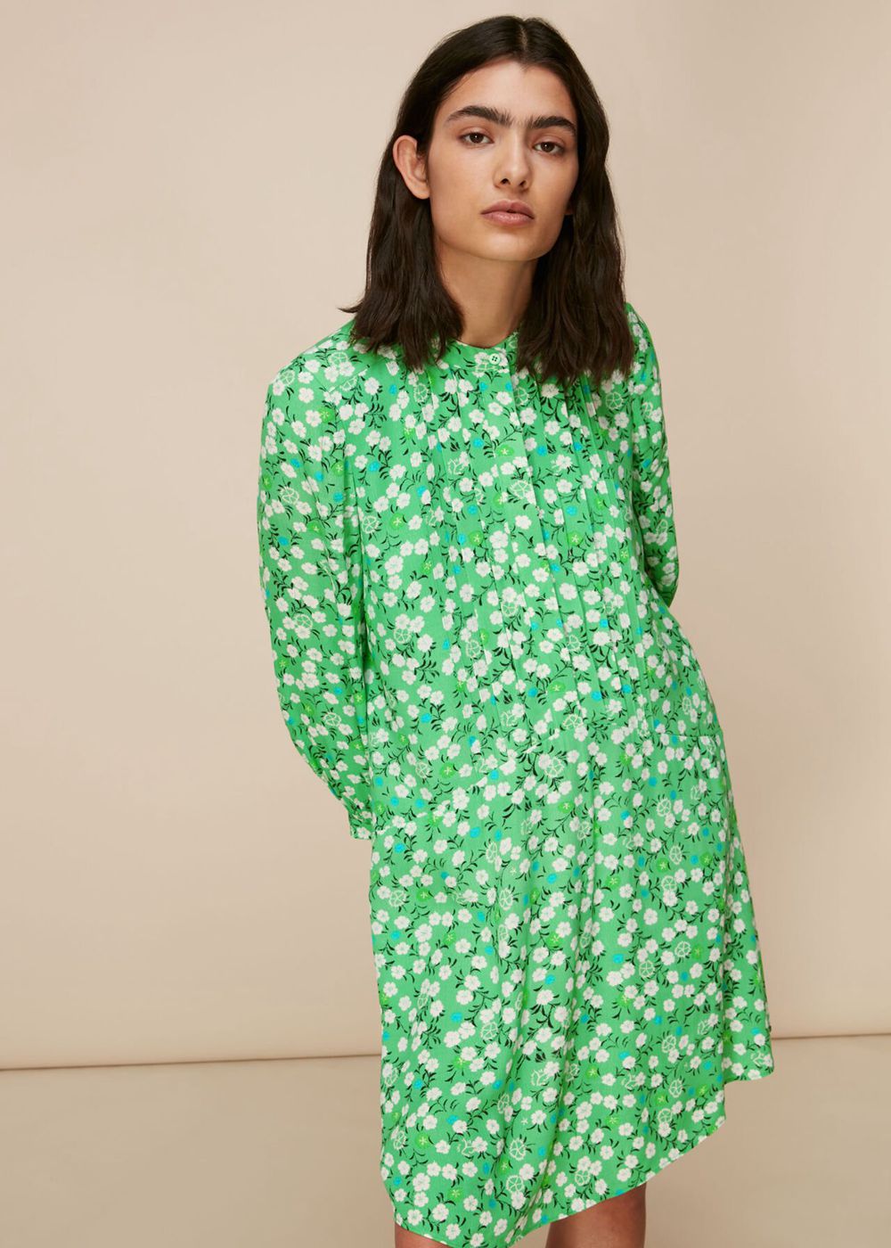 Whistles Cherry Blossom Pintuck Dress Green / Multicolor | US-21940ZMFP