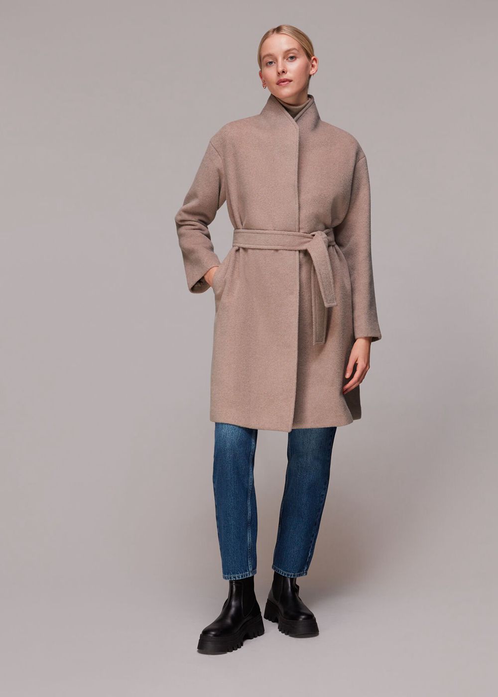 Whistles Clara Funnel Neck Wool Coat Beige | US-30657CTZU