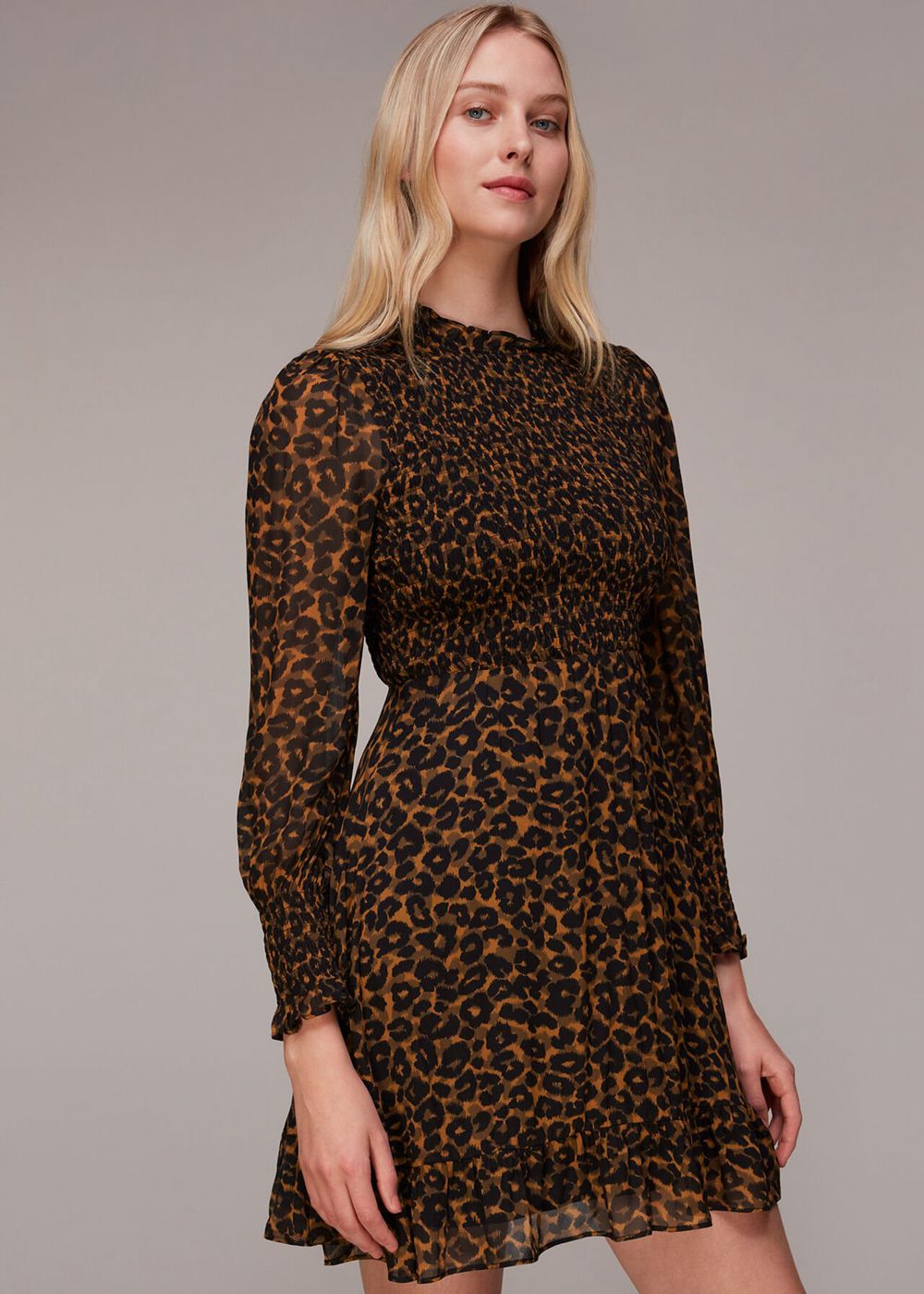 Whistles Classic Leopard Shirred Dress Leopard | US-28610SZBM