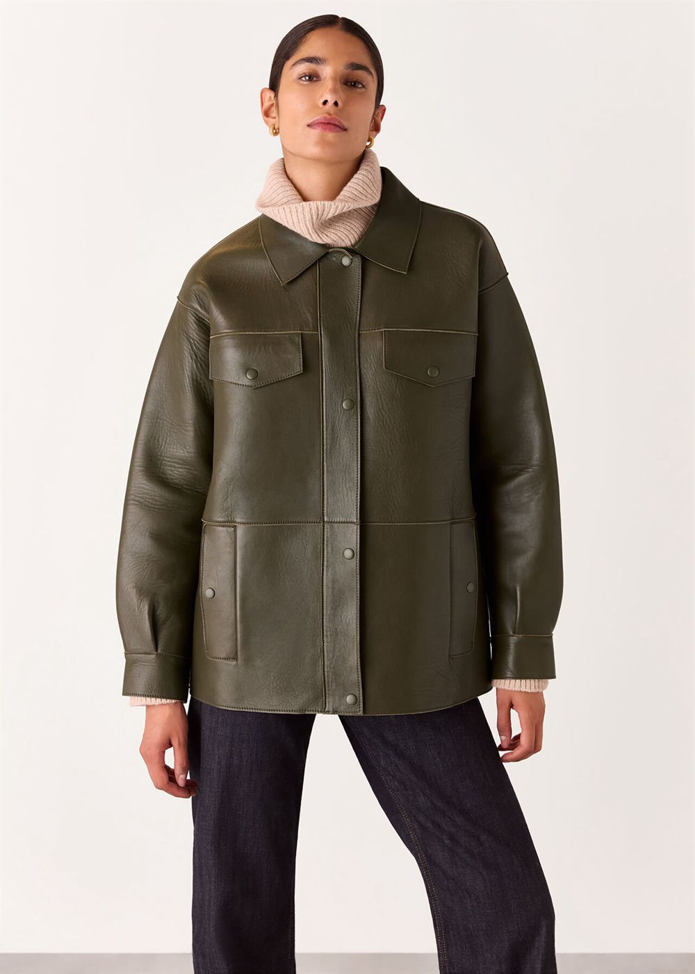 Whistles Clean Bonded Leather Jacket Khaki | US-16073UBEJ