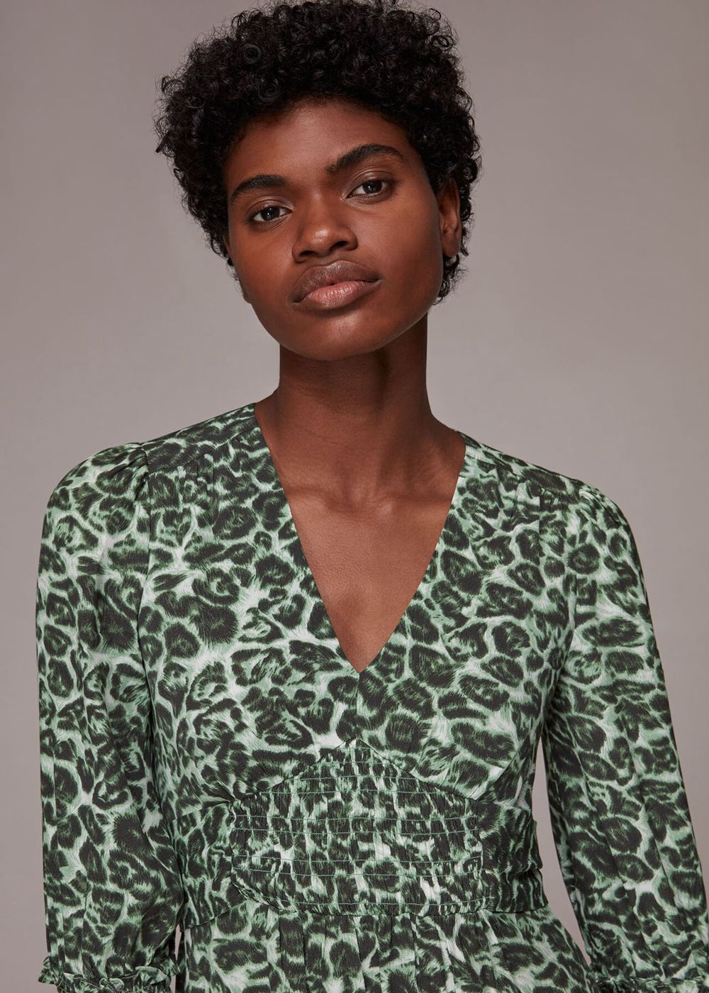 Whistles Clouded Leopard Shirred Dress Green / Multicolor | US-36425QAWD