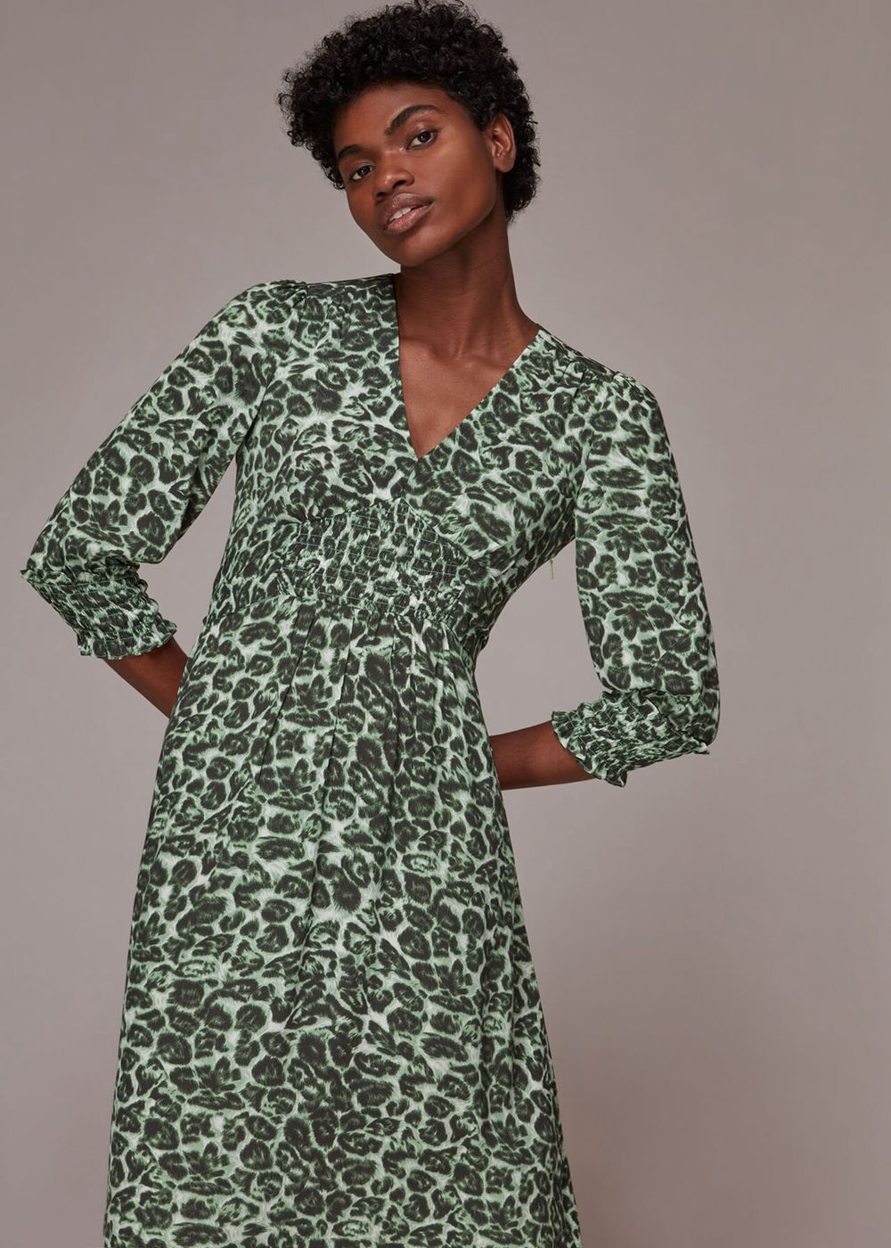 Whistles Clouded Leopard Shirred Dress Green / Multicolor | US-36425QAWD