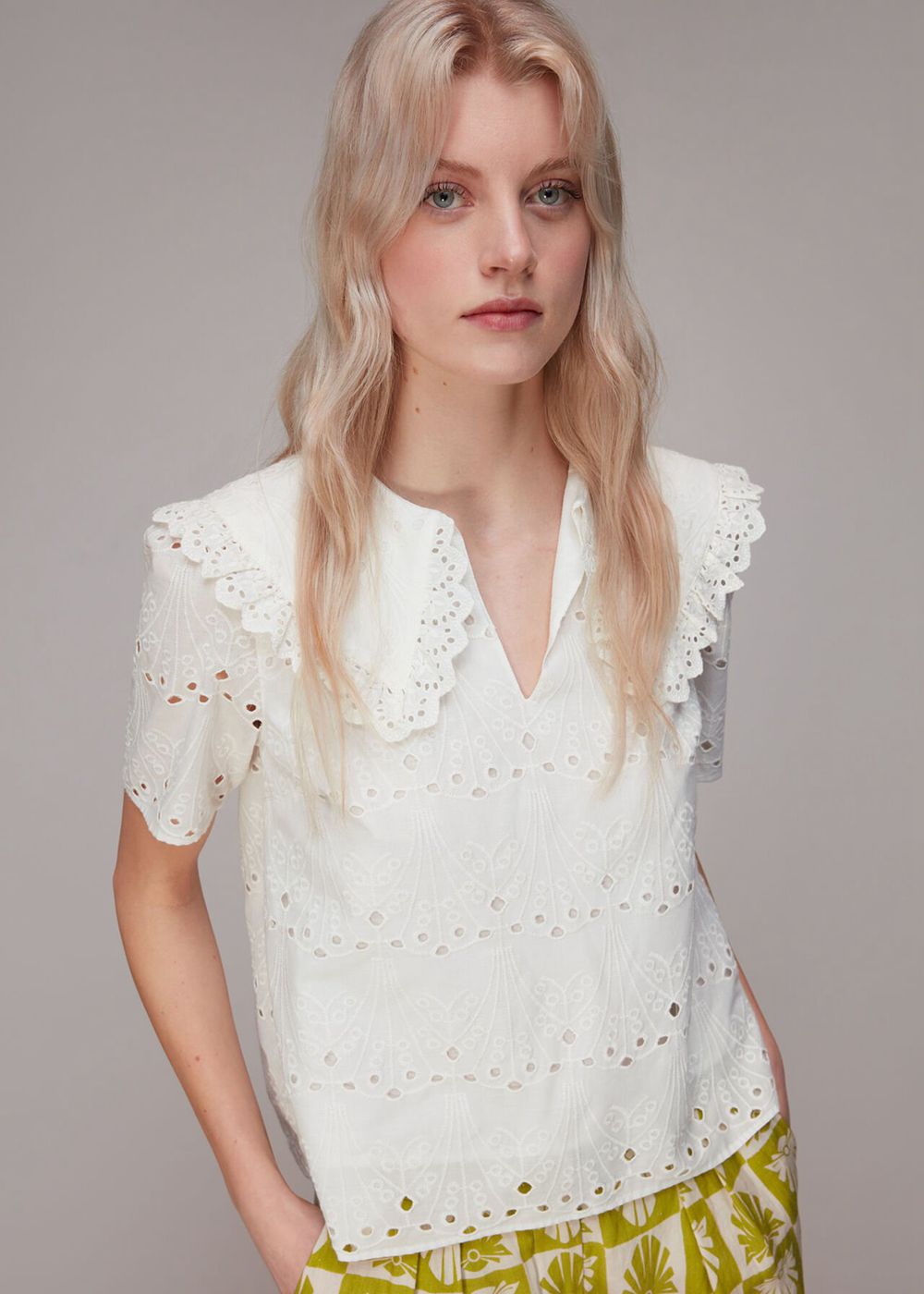 Whistles Collar Detail Broderie Blouse White | US-12867YIPE