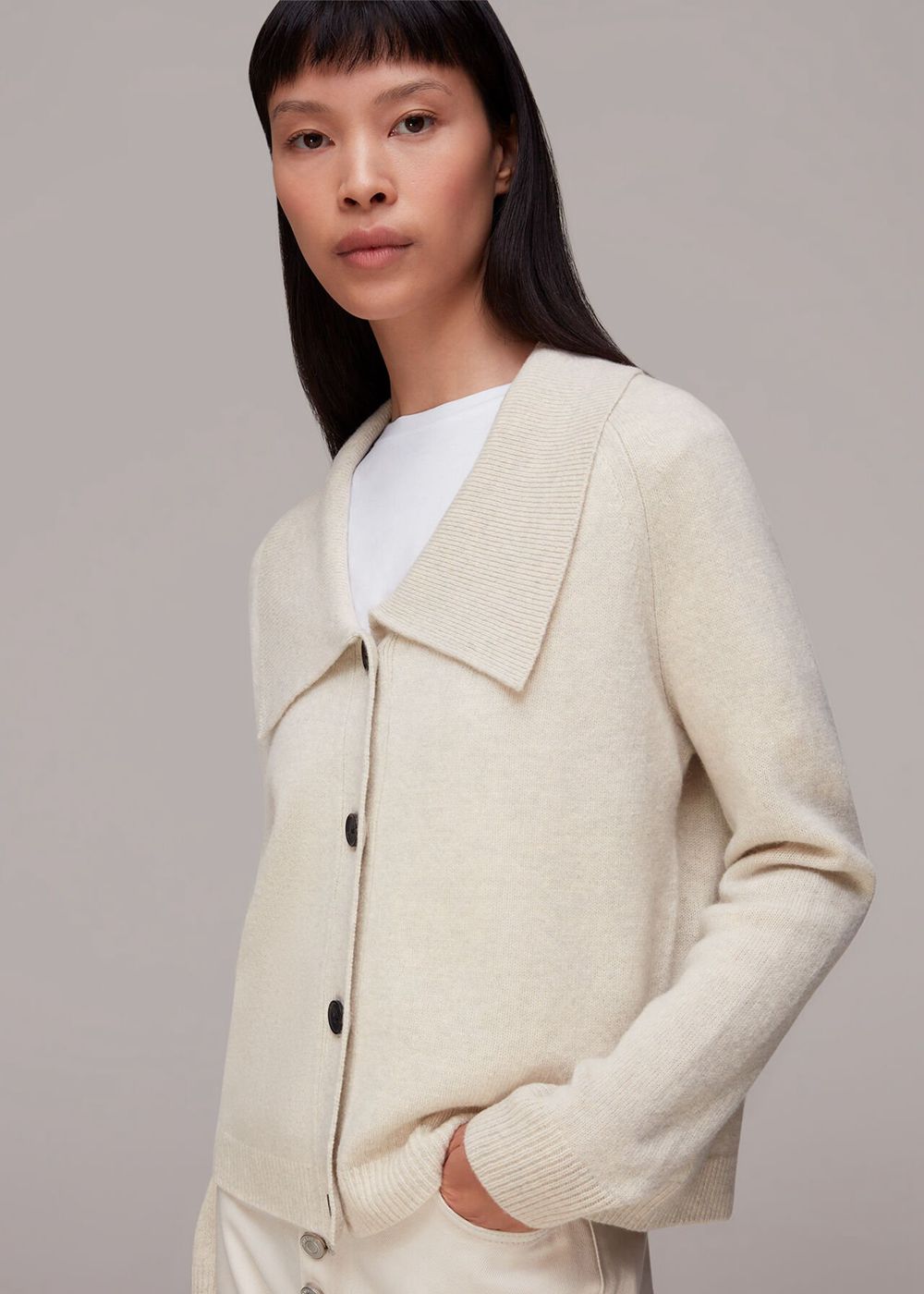 Whistles Collar Detail Wool Cardigan Neutral | US-29741TWRL