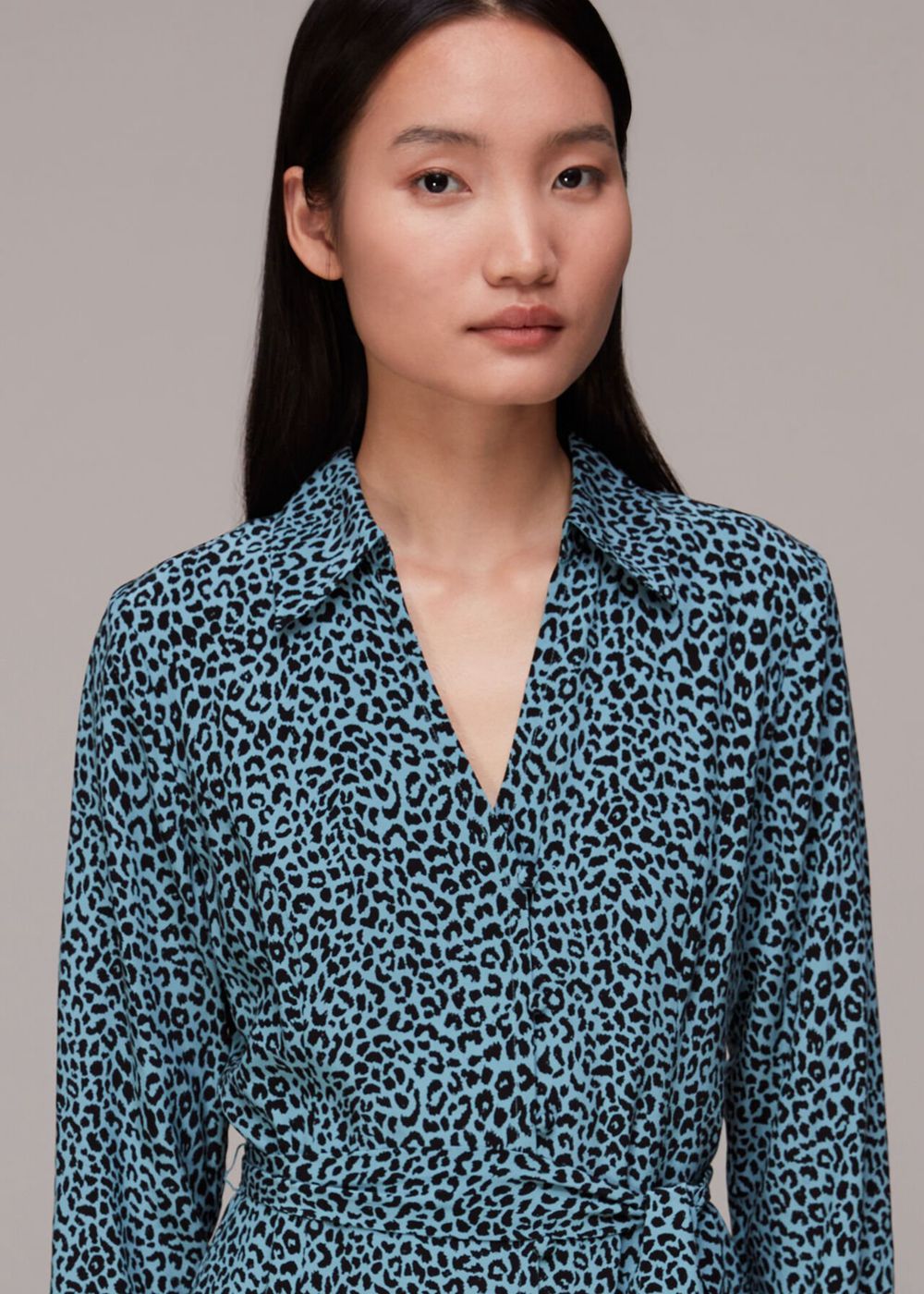 Whistles Contrast Leopard Belted Dress Blue / Multicolor | US-09134QAMB