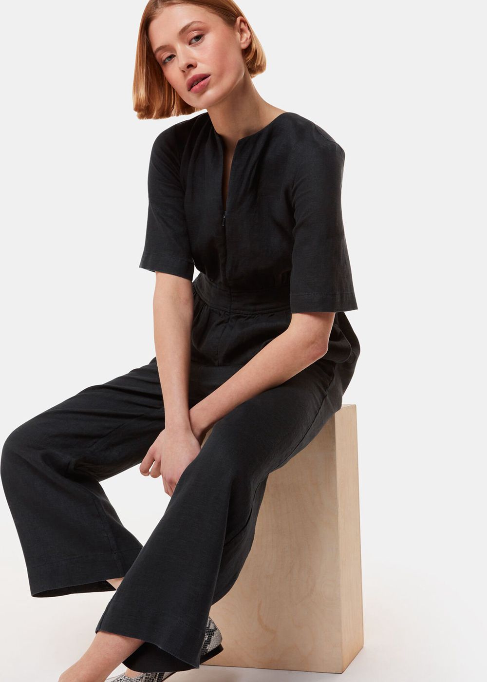 Whistles Cosima Linen Jumpsuit Black | US-24893KNQV