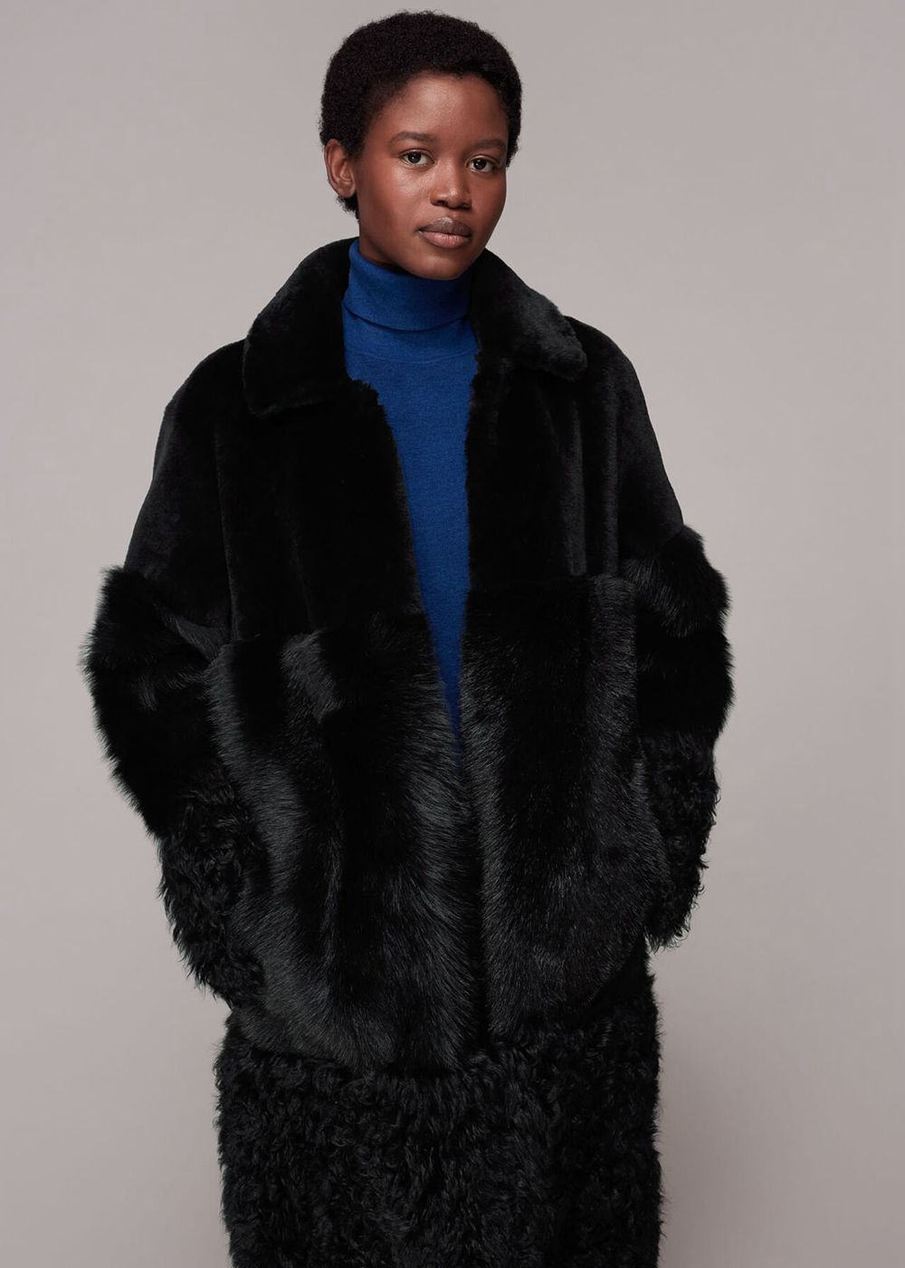 Whistles Cossma Shearling Longline Coat Black | US-43695ALCK