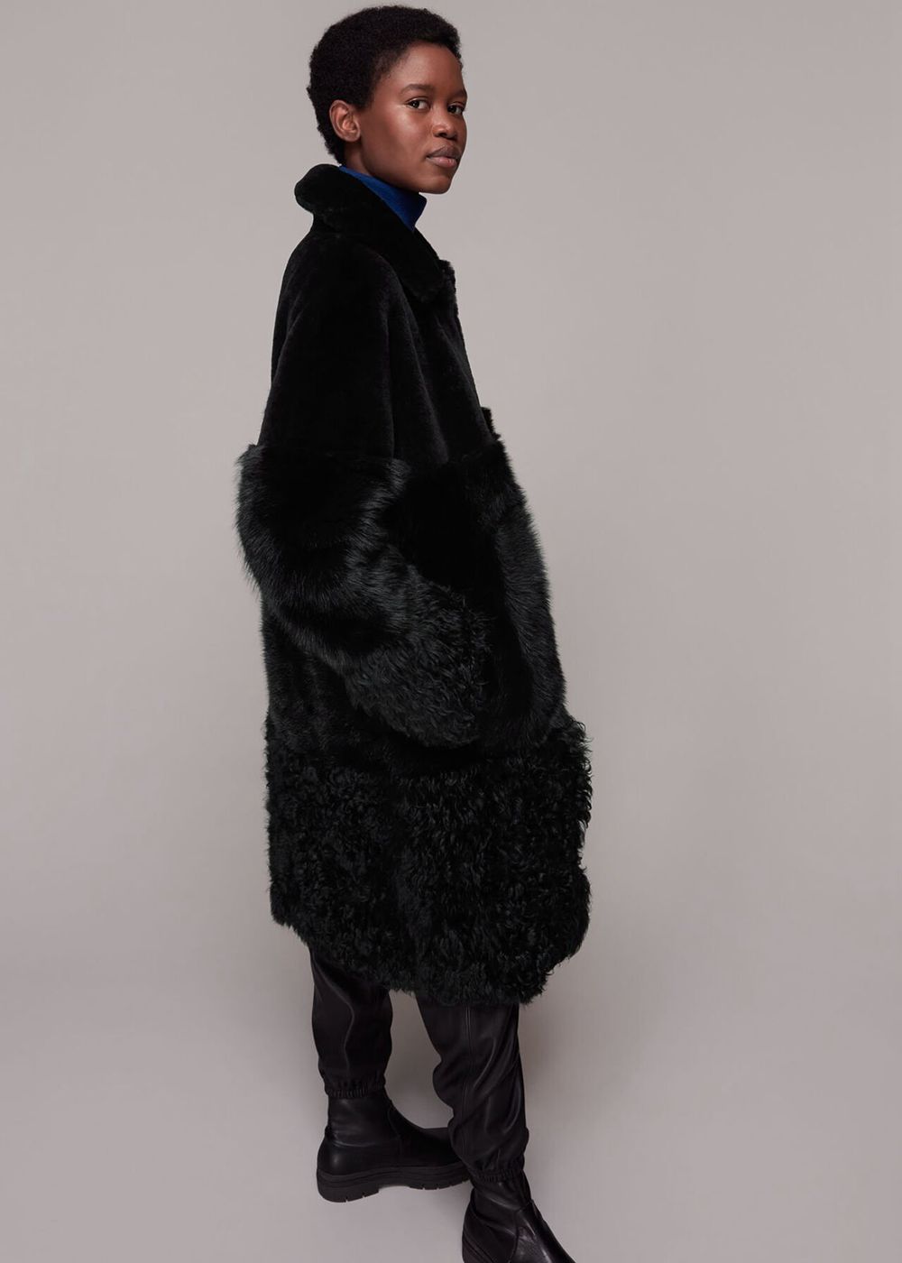 Whistles Cossma Shearling Longline Coat Black | US-43695ALCK