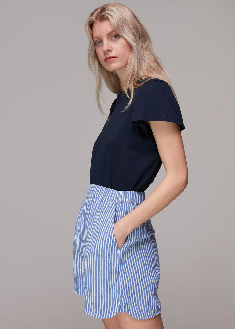 Whistles Cotton Frill Sleeve T-Shirt Navy | US-10629VYEP