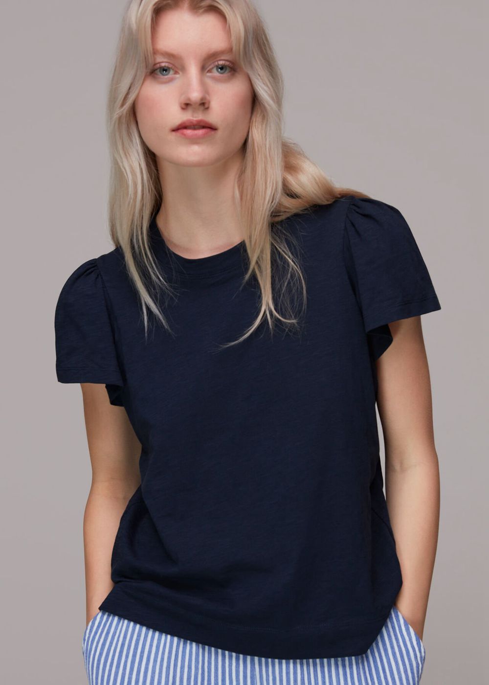 Whistles Cotton Frill Sleeve T-Shirt Navy | US-10629VYEP