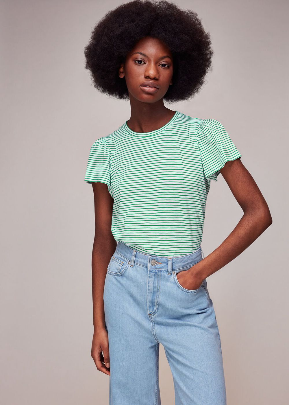 Whistles Cotton Frill Stripe T-Shirt Green / Multicolor | US-73592MYIP