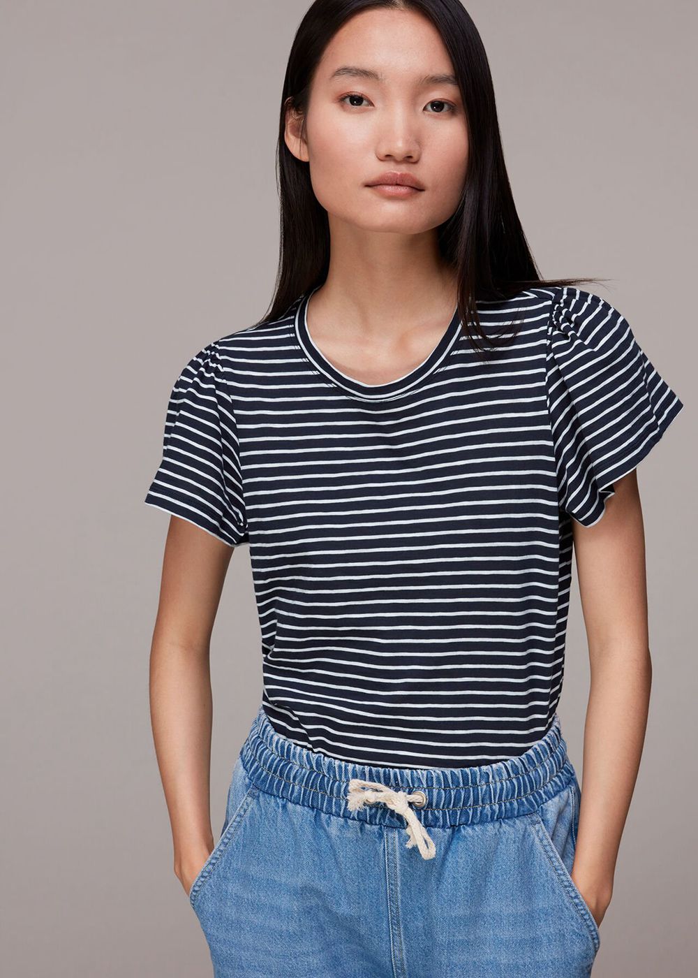 Whistles Cotton Frill Stripe T-Shirt Navy / Multicolor | US-34865TRDI