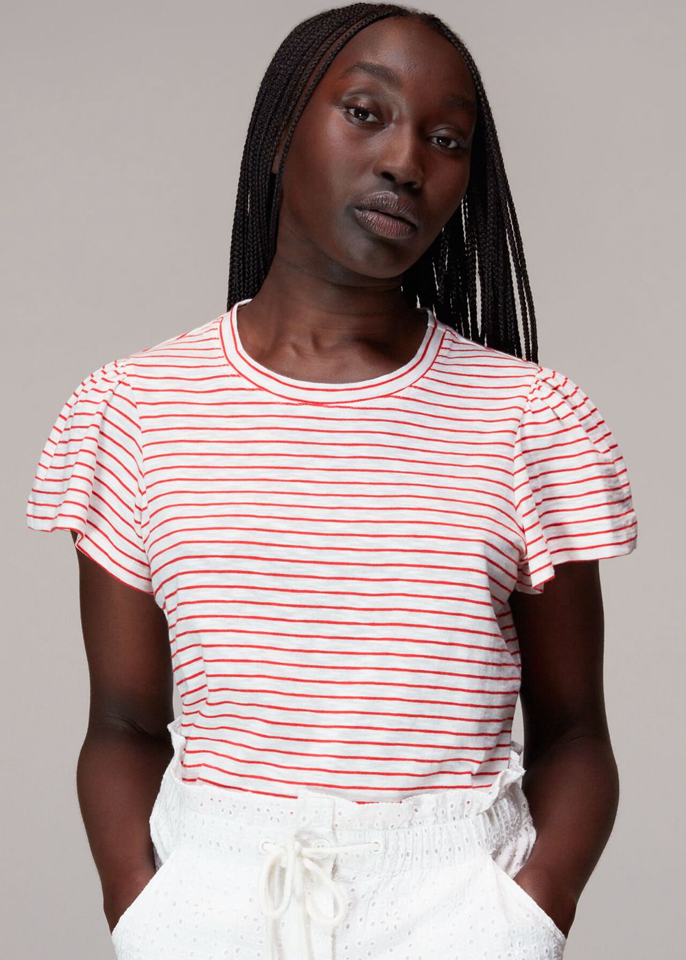 Whistles Cotton Frill Stripe T-Shirt Red / Multicolor | US-02791GWCJ