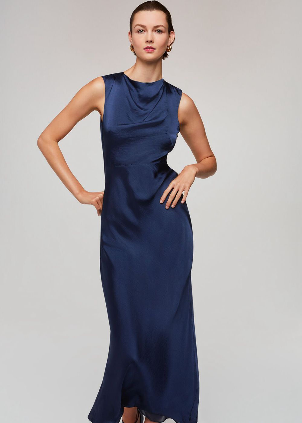 Whistles Cowl Neck Satin Maxi Dress Navy | US-51973OKYN