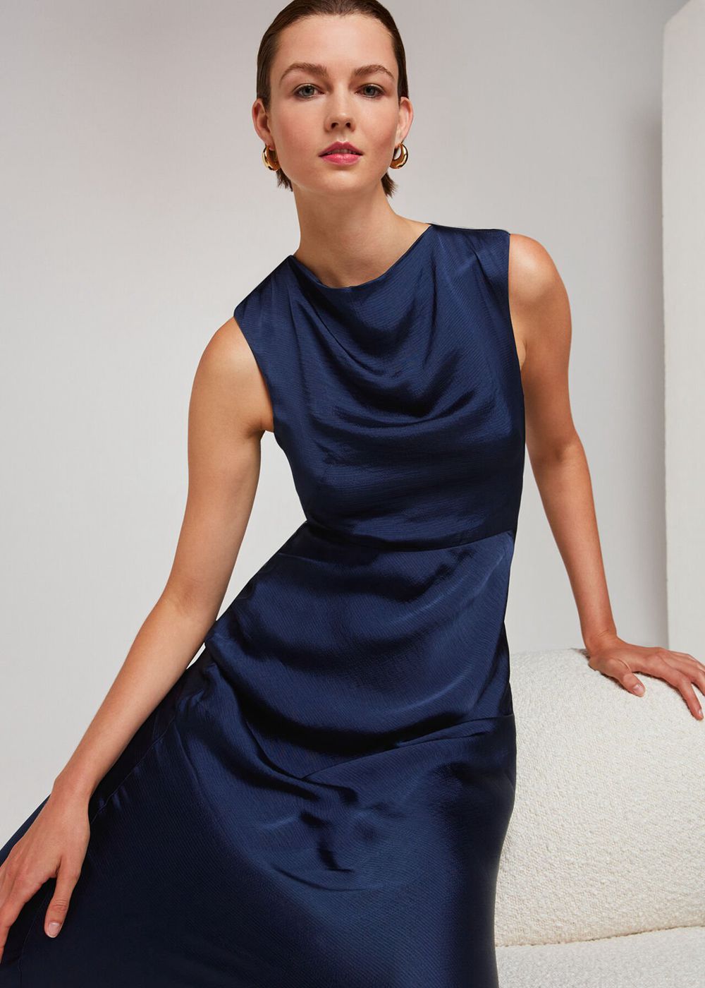 Whistles Cowl Neck Satin Maxi Dress Navy | US-51973OKYN