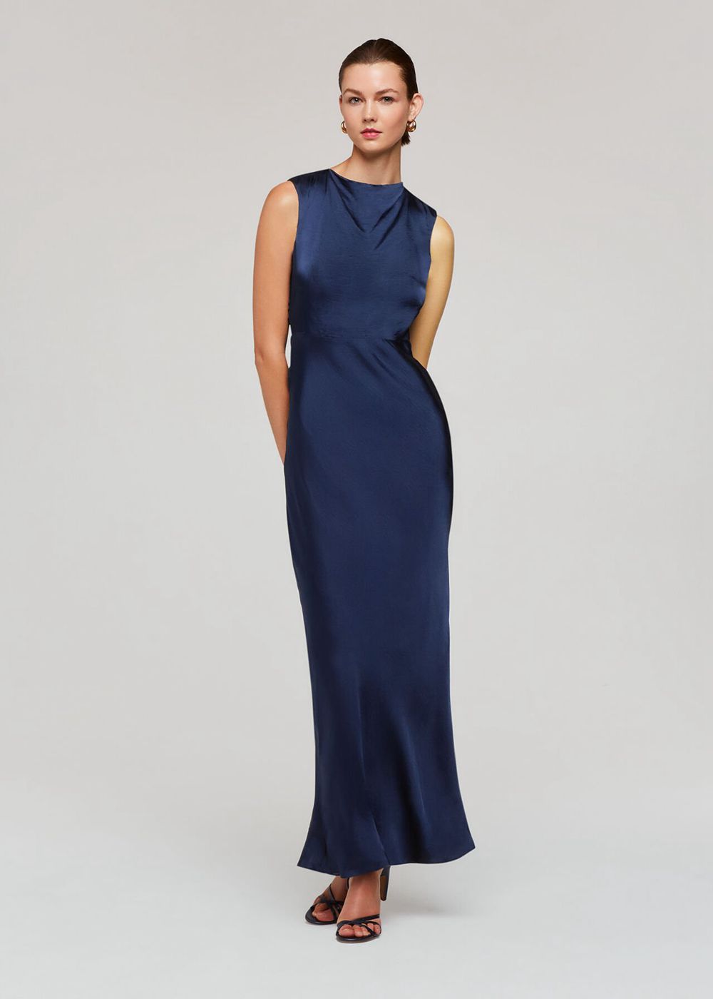 Whistles Cowl Neck Satin Maxi Dress Navy | US-51973OKYN