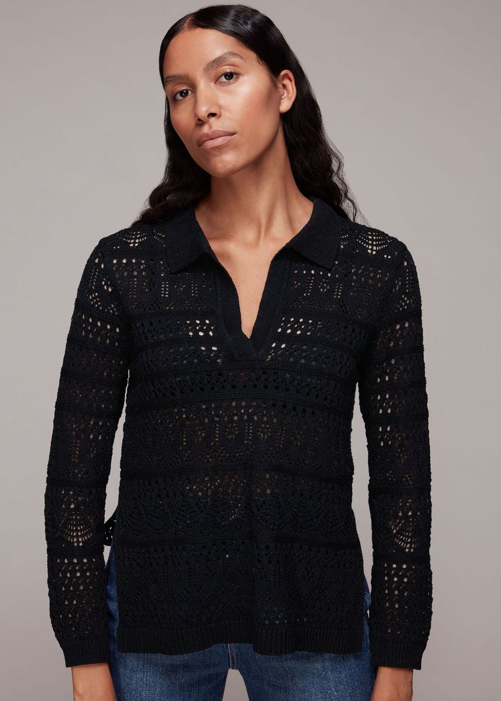 Whistles Crochet Collar Detail Knitwear Black | US-97013WGUQ