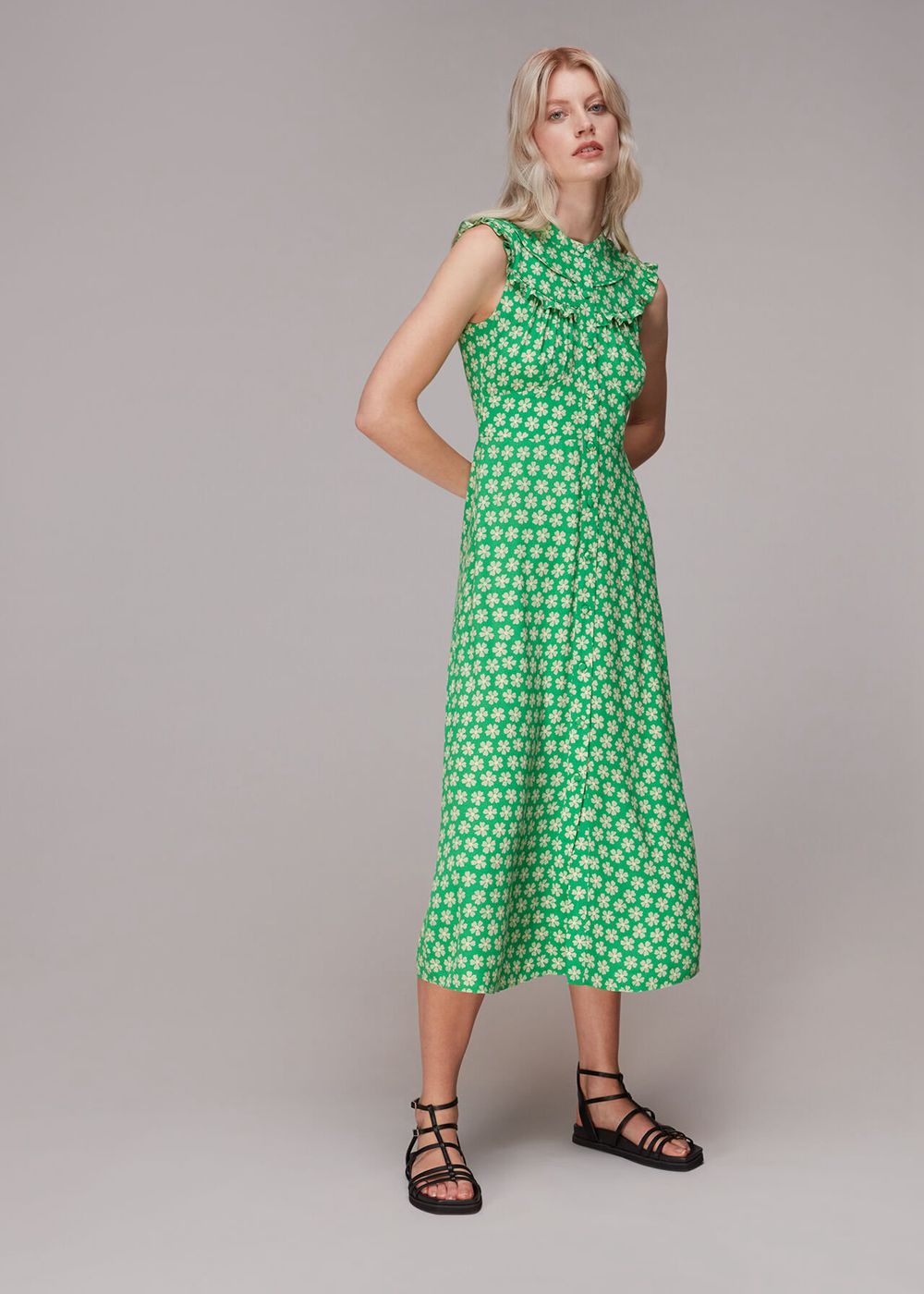 Whistles Daisy Check Frill Midi Dress Green / Multicolor | US-93784GMZC