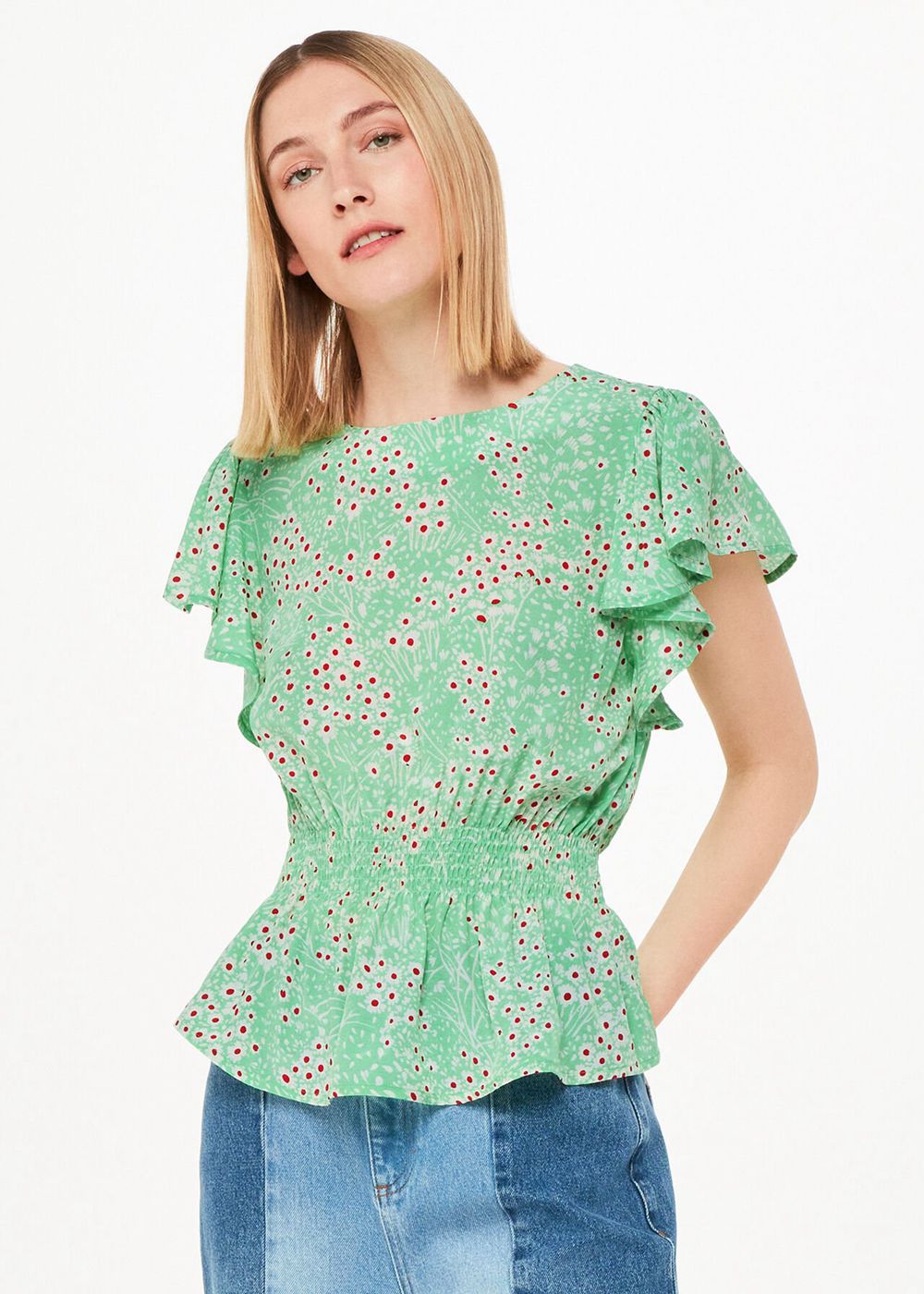 Whistles Daisy Meadow Frill Sleeve Top Green / Multicolor | US-98624JHKR