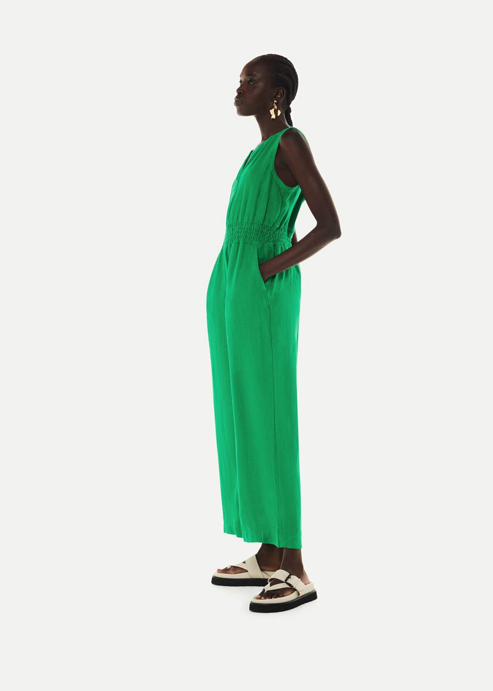 Whistles Danny Linen Jumpsuit Green | US-39652AWFT