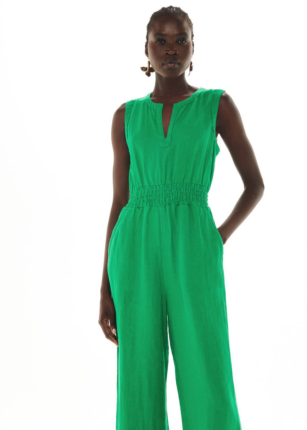 Whistles Danny Linen Jumpsuit Green | US-39652AWFT