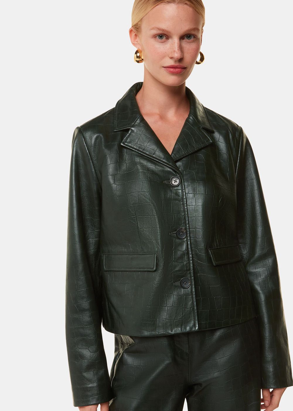 Whistles Delia Croc Leather Jacket Dark Green | US-36712XGFO