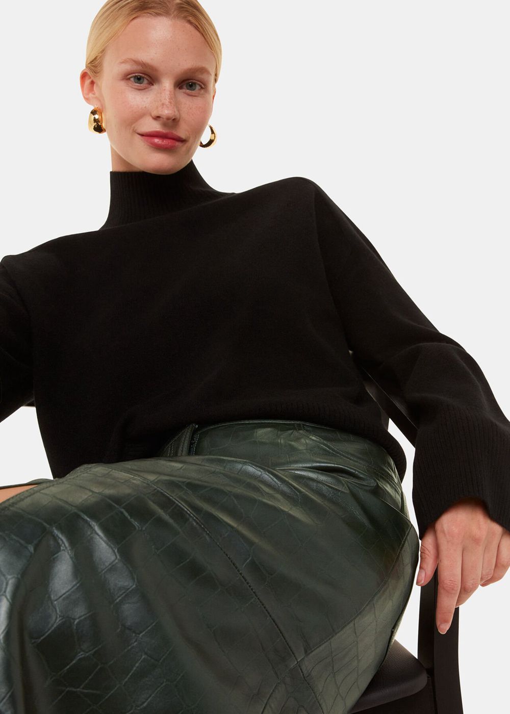 Whistles Delia Croc Leather Skirts Dark Green | US-89670SRTD