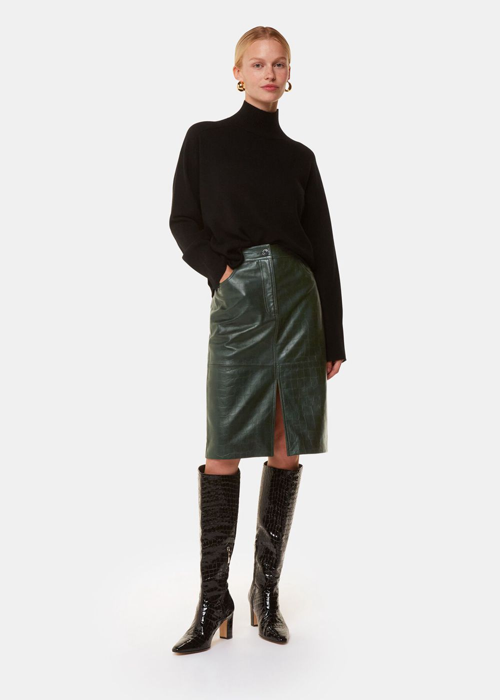 Whistles Delia Croc Leather Skirts Dark Green | US-89670SRTD