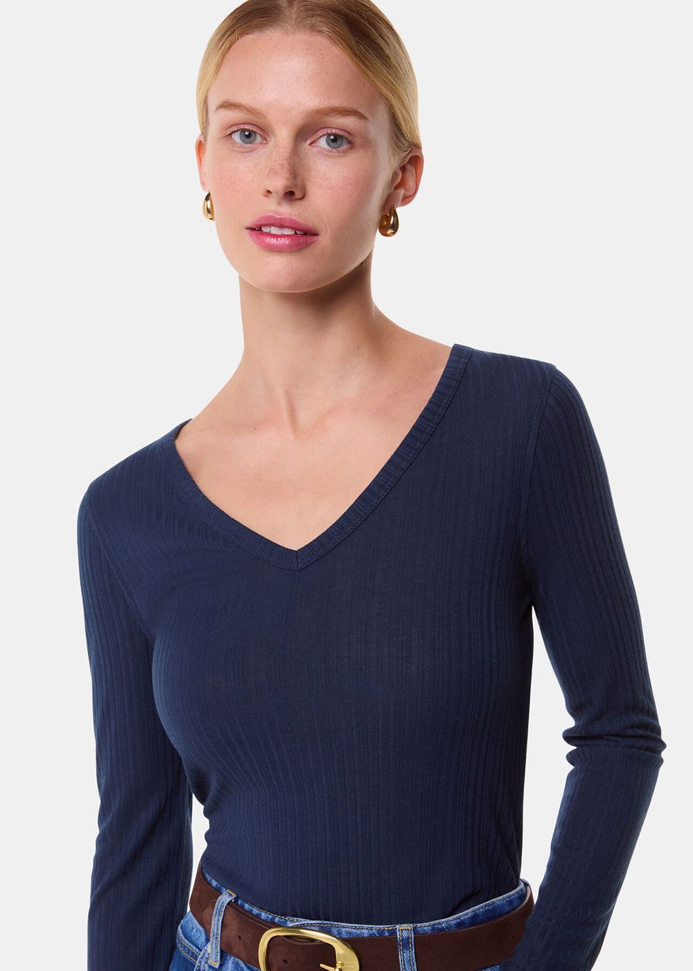 Whistles Diagonal Rib V Neck Top Navy | US-34208NHAT