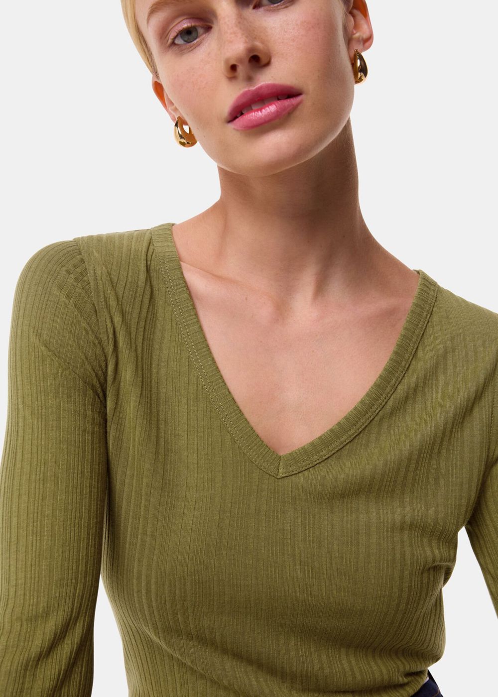 Whistles Diagonal Rib V Neck Top Olive | US-26583FAYZ