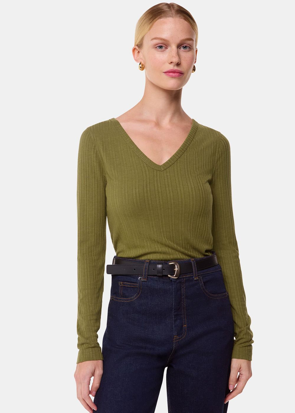 Whistles Diagonal Rib V Neck Top Olive | US-50369EMZT