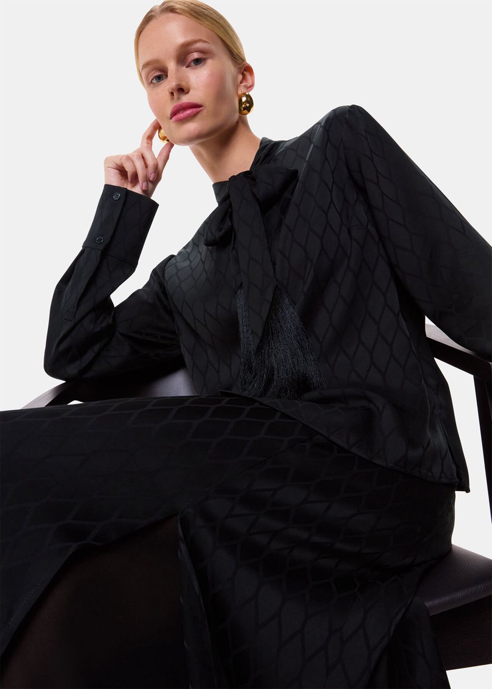 Whistles Diamond Jacquard Scarf Blouse Black | US-98015WPXM