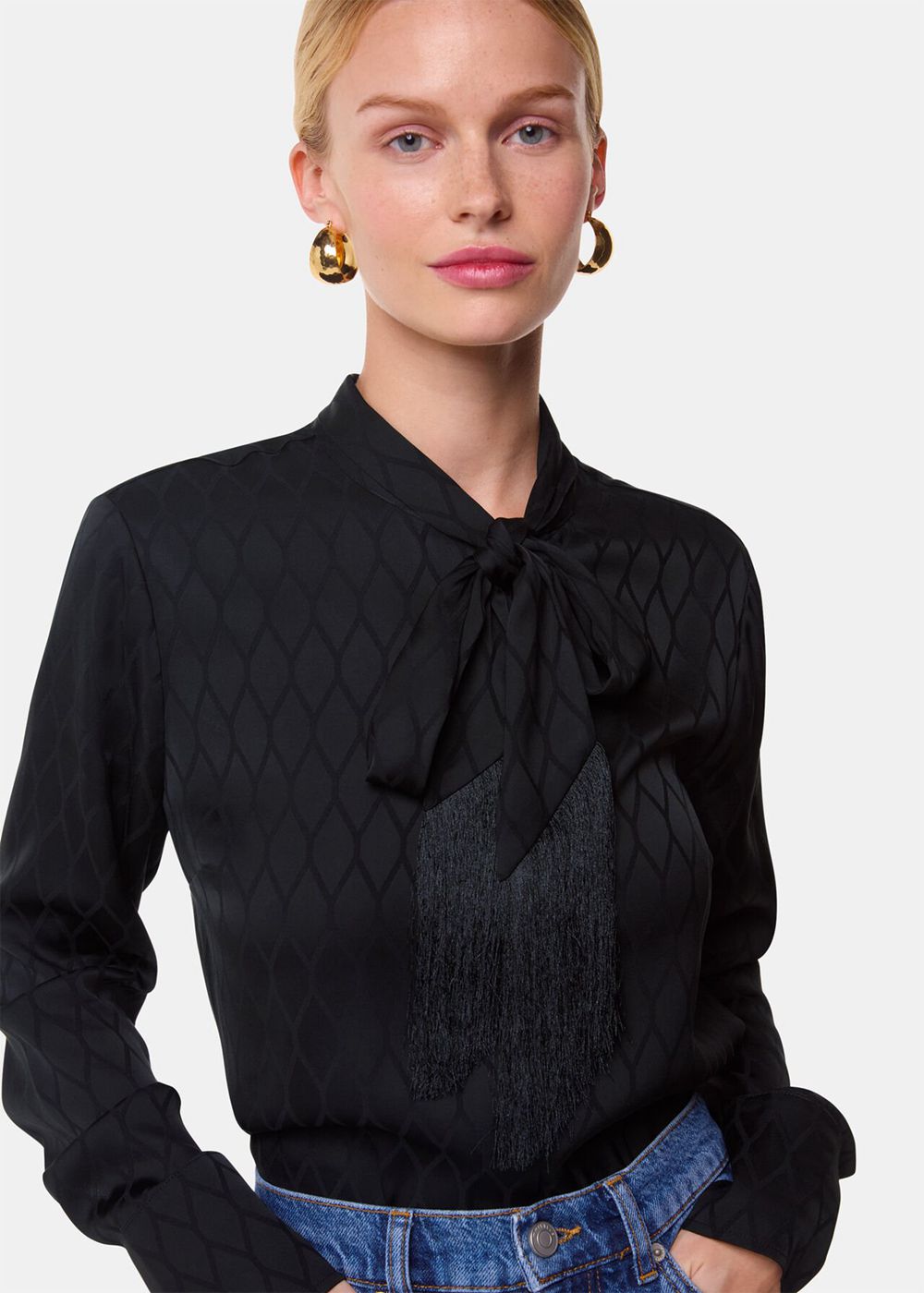 Whistles Diamond Jacquard Scarf Blouse Black | US-98015WPXM