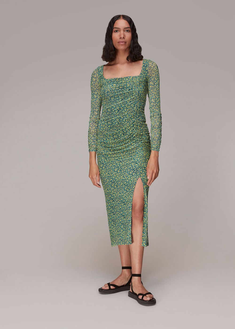 Whistles Ditsy Sunflower Mesh Dress Green / Multicolor | US-26859YAMS