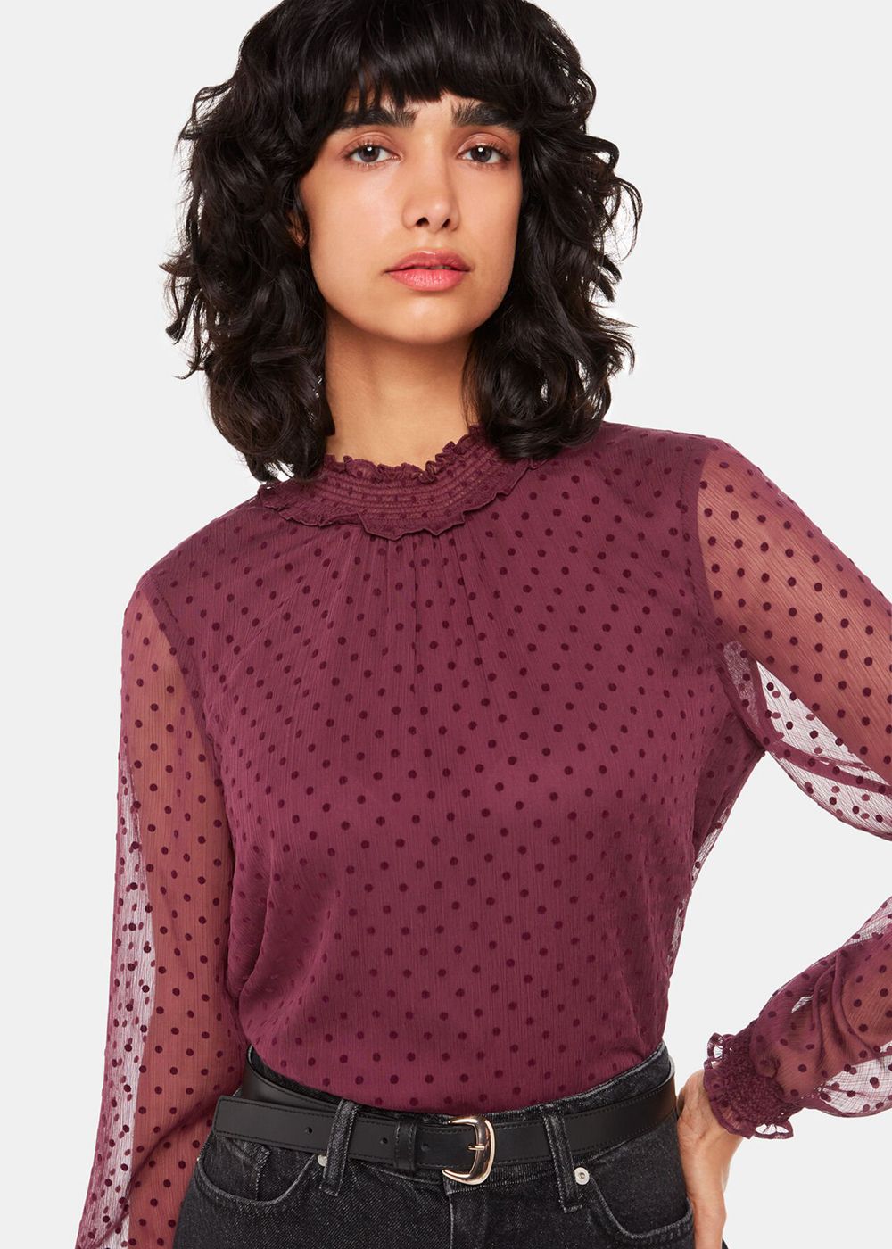 Whistles Dobby Velvet Shirred Top Burgundy | US-30842PRQA