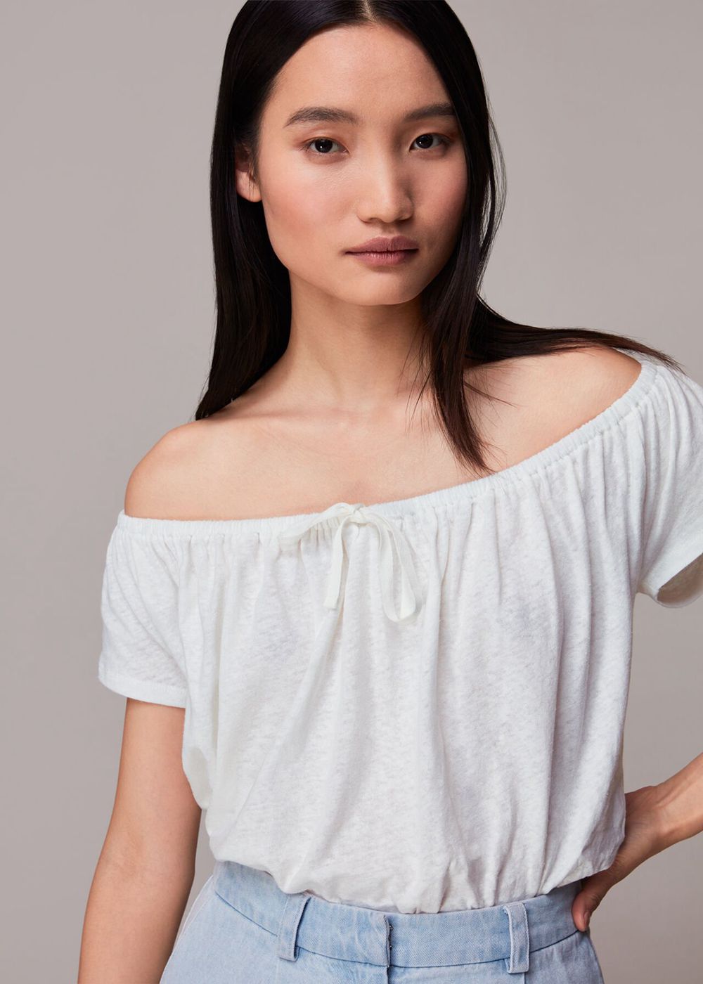 Whistles Drawstring Linen Bardot Top White | US-92735OQKJ