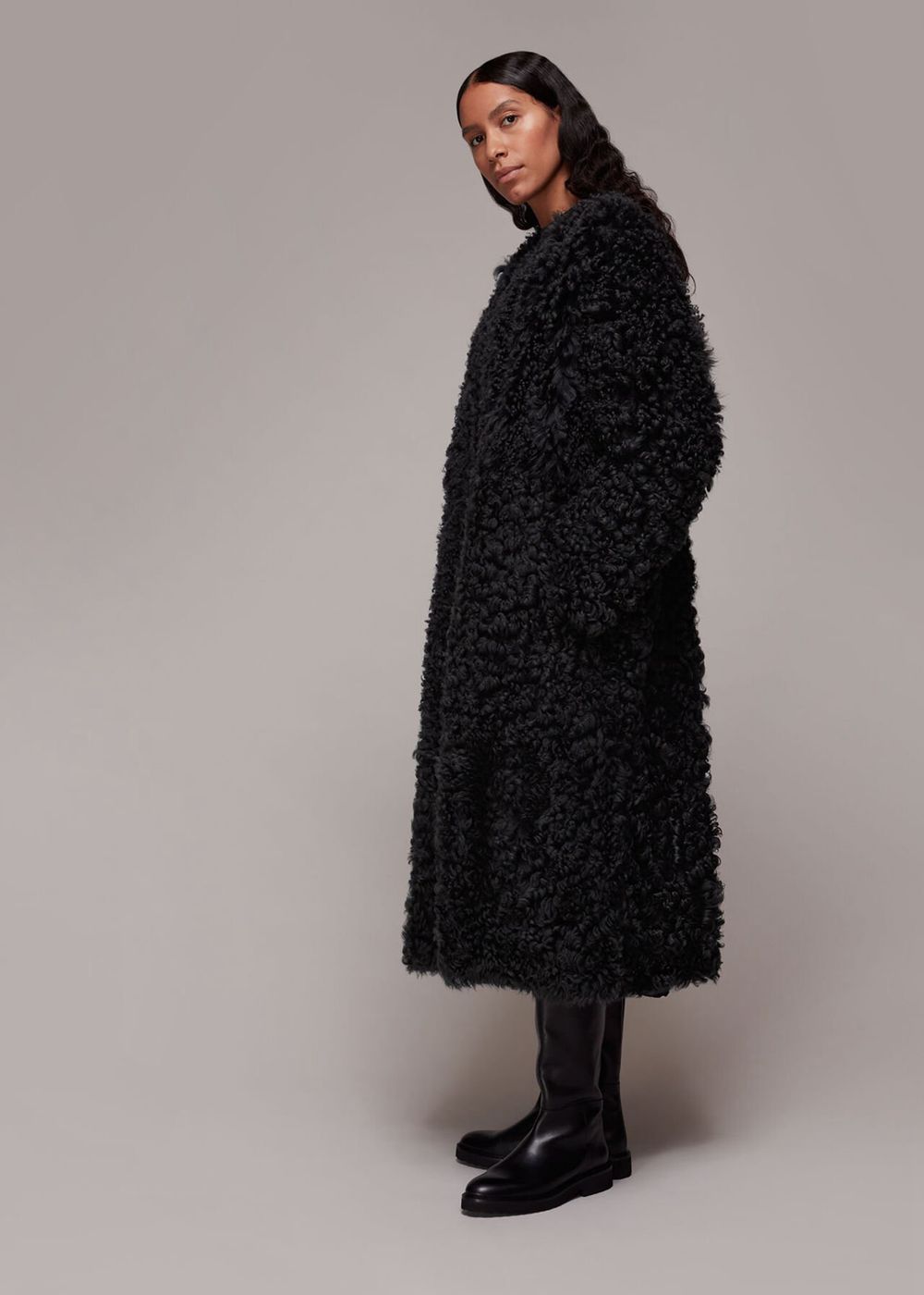 Whistles Eliza Shearling Coat Dark Grey | US-64238BEDU