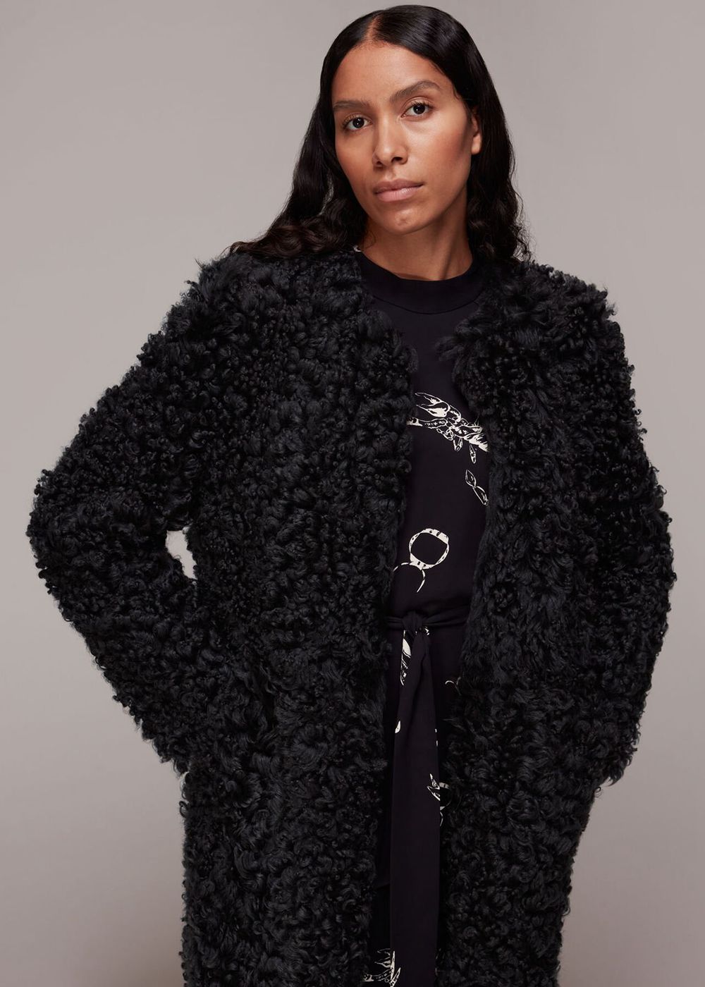 Whistles Eliza Shearling Coat Dark Grey | US-64238BEDU