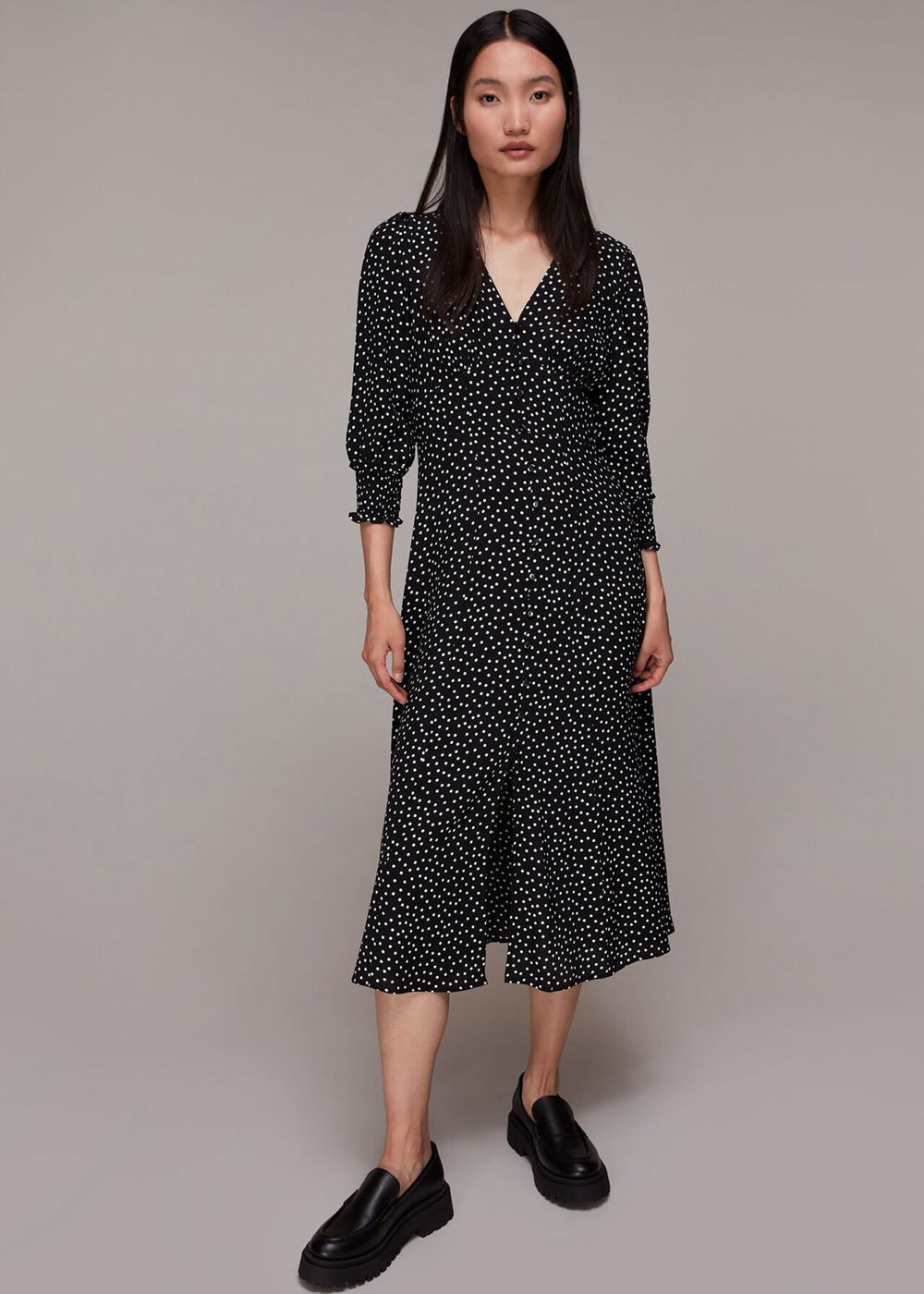 Whistles Ellie Spot Print Midi Dress Black / White | US-01473LPNC