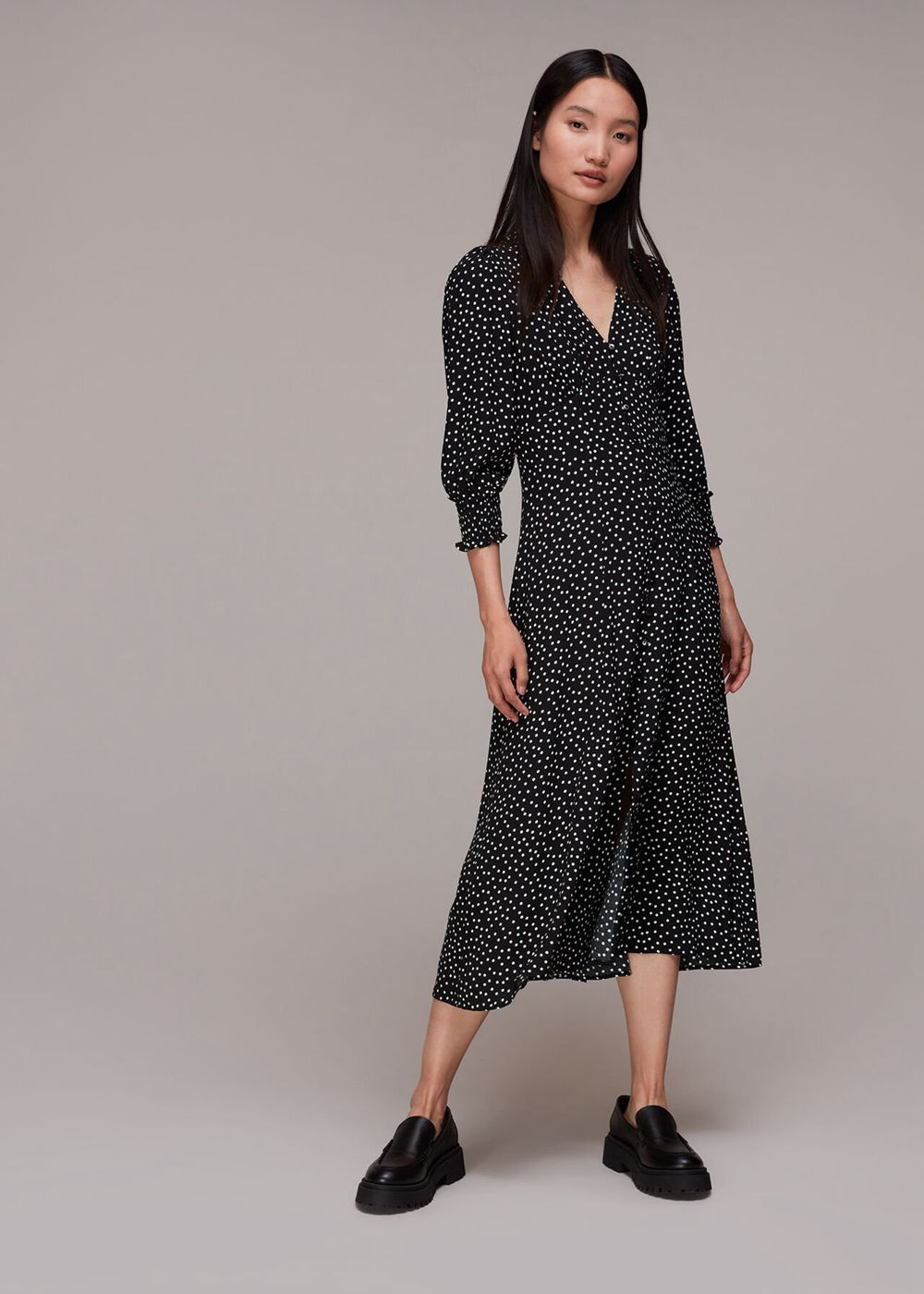 Whistles Ellie Spot Print Midi Dress Black / White | US-01473LPNC