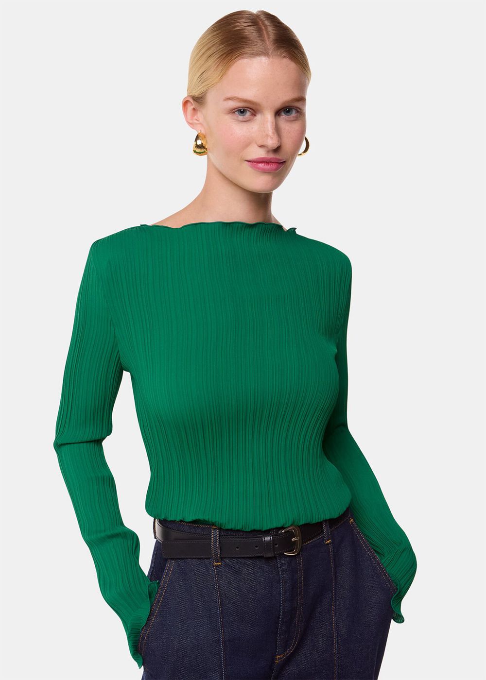 Whistles Elsa Plisse Top Green | US-87962ICXR