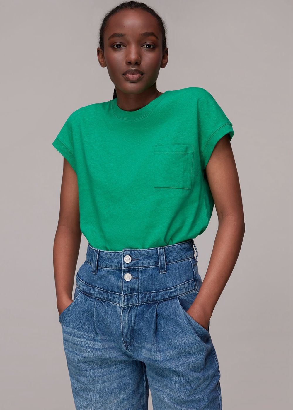 Whistles Ember Linen Mix Pocket T-Shirt Green | US-96230TSWA