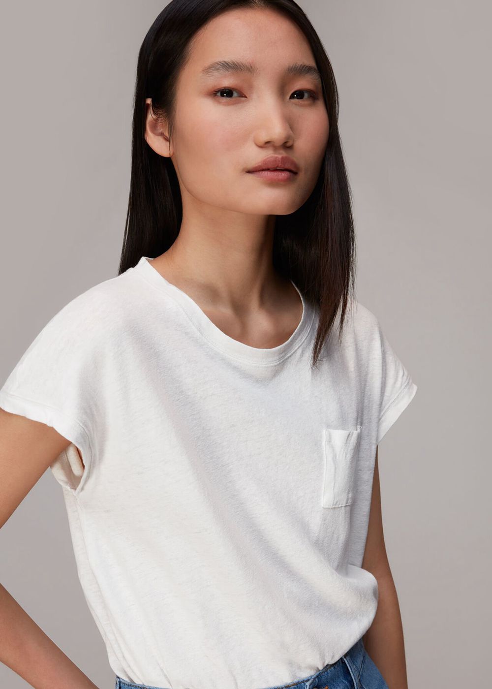 Whistles Ember Linen Mix Pocket T-Shirt White | US-52630USHP