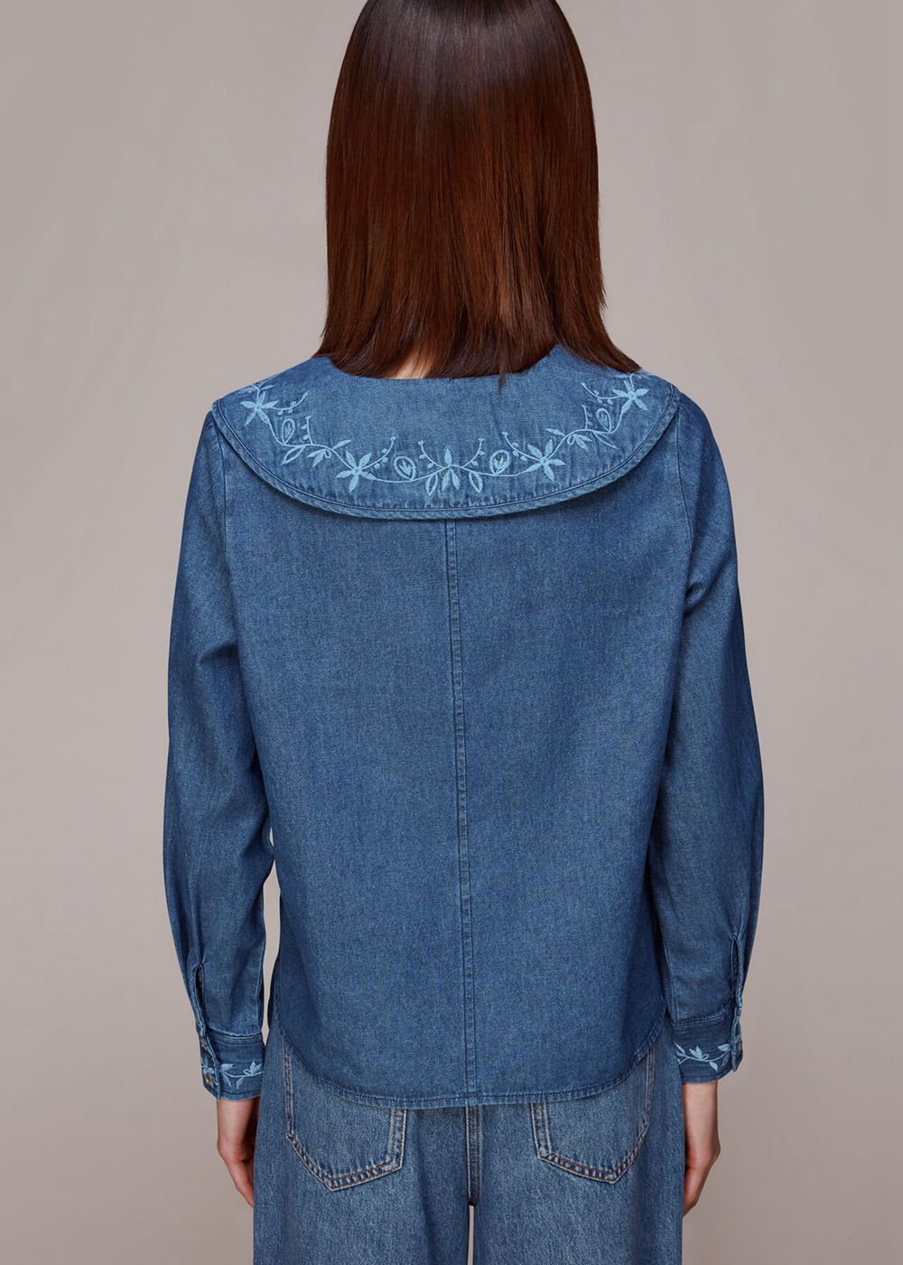 Whistles Embroidered Collar Denim Top Blue | US-51407JSLG