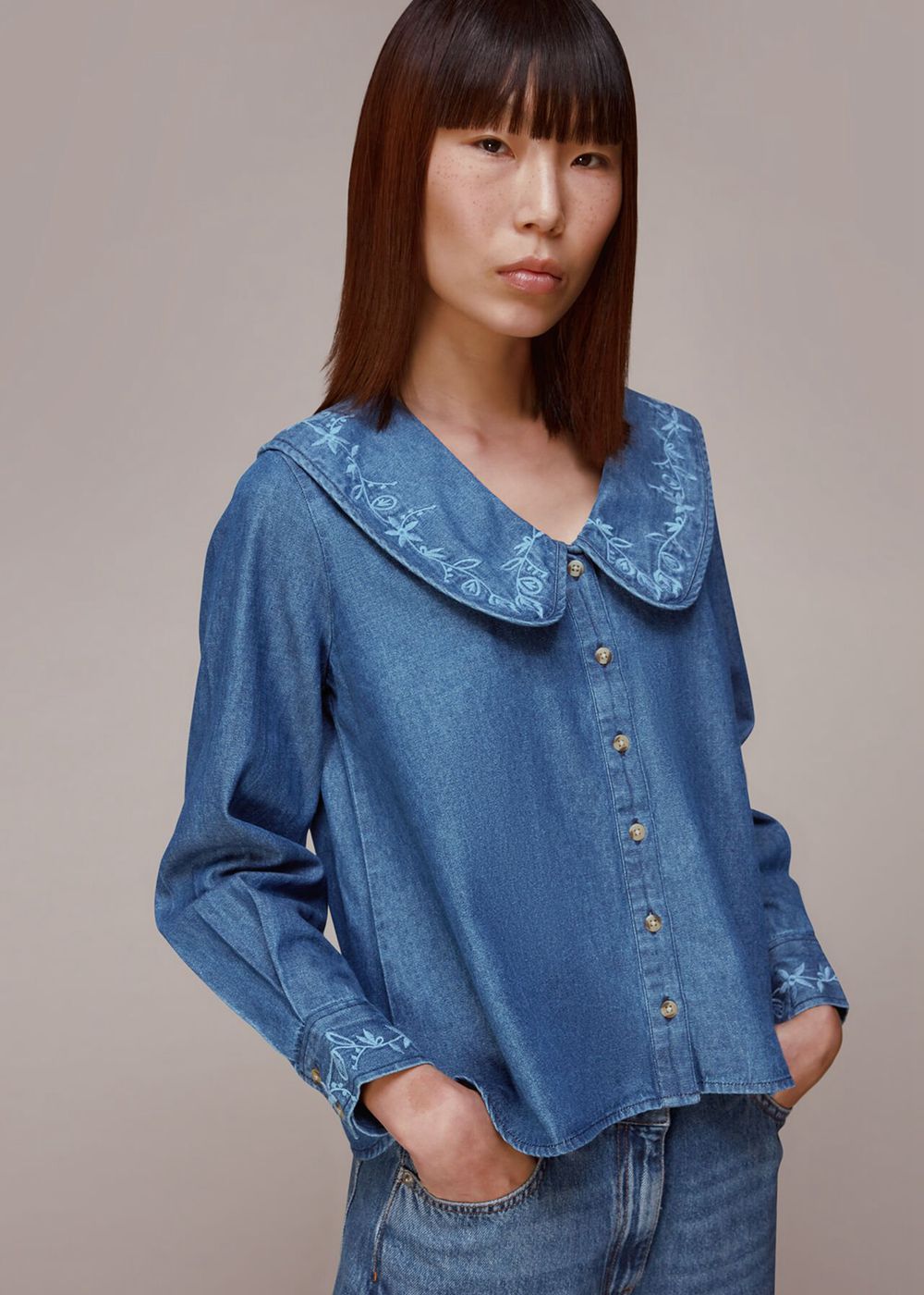 Whistles Embroidered Collar Denim Top Blue | US-51407JSLG