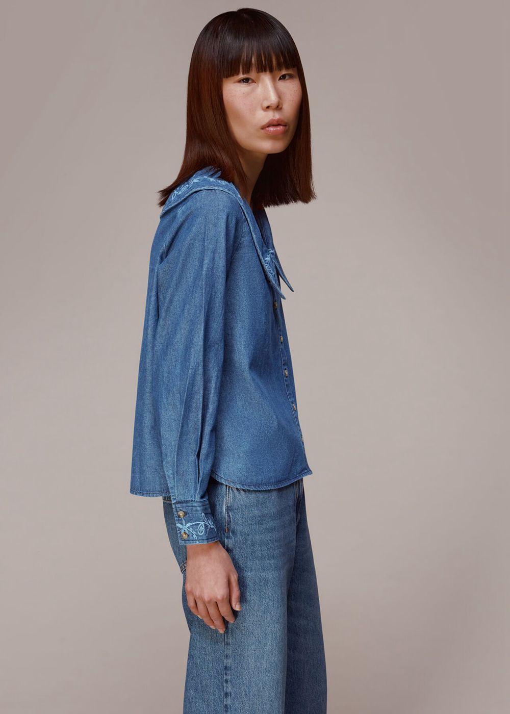 Whistles Embroidered Collar Denim Top Blue | US-51407JSLG