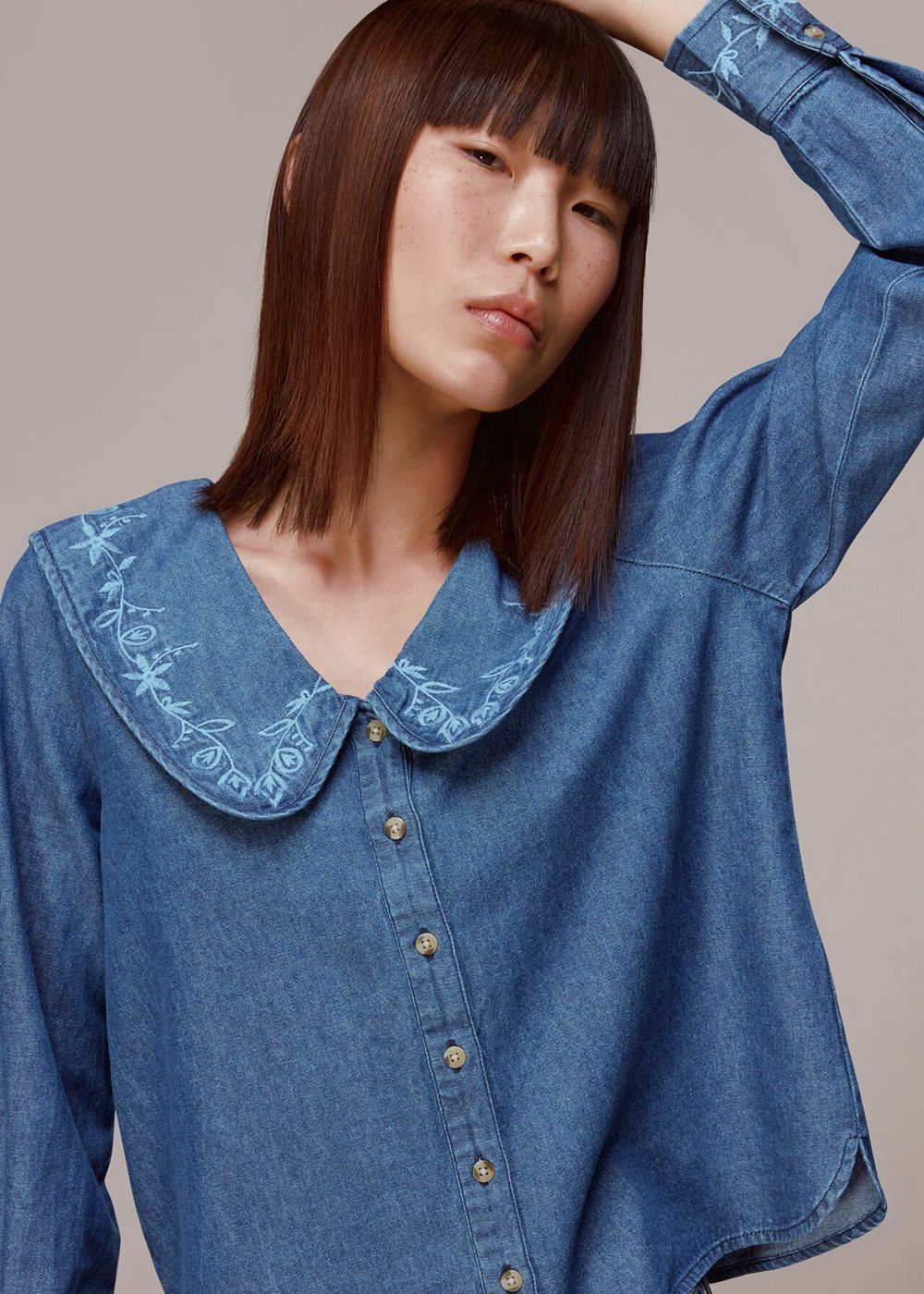 Whistles Embroidered Collar Denim Top Blue | US-51407JSLG