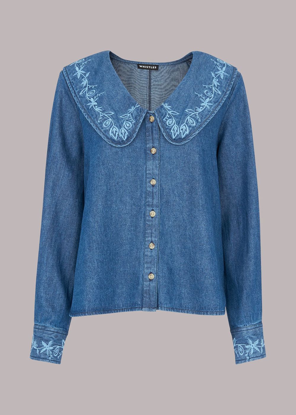 Whistles Embroidered Collar Denim Top Blue | US-51407JSLG